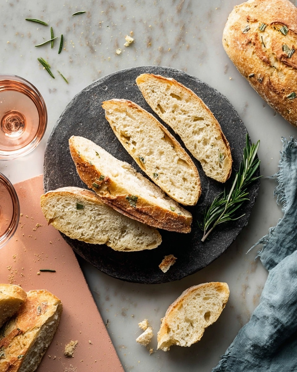 The image shows four slices of rustic bread with a light golden-brown crust and a soft, airy inside, some with small green herbs baked in, placed neatly on a round dark grey stone plate which is on a white marbled background; beside the plate is a sprig of fresh green rosemary. Below, on a slightly peach-colored board with a torn piece of blue-grey cloth, there are three more slices of bread, one broken into two pieces with crumbs scattered around. To the left, there is a clear glass filled with pinkish rose wine, and tiny green leaves are scattered casually on the white marbled texture. photo taken with an iphone --ar 4:5 --v 7