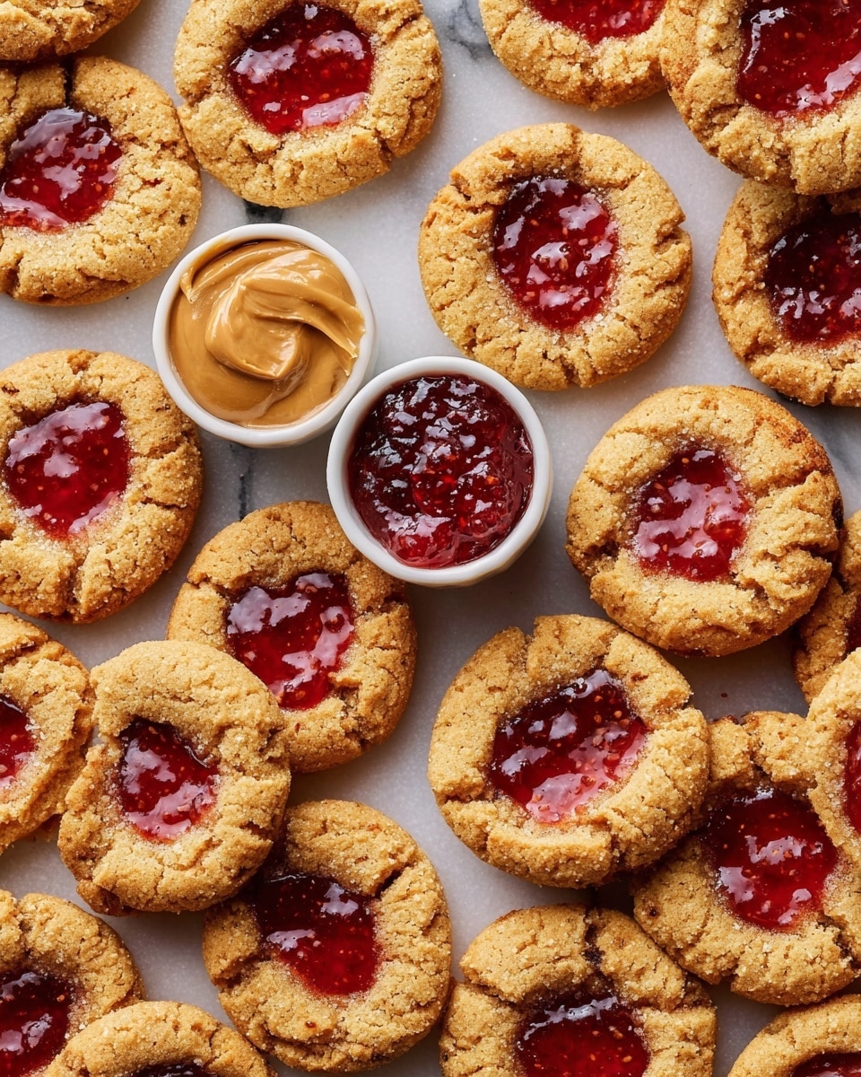 The image shows many round thumbprint cookies laid out on a white marbled surface, each with a golden brown, slightly cracked cookie base and a bright red, glossy jam filling in the center. The cookies have a rough, crumbly texture around the edges and a smooth, shiny jam layer that looks slightly sticky. Two small white bowls are placed among the cookies, one filled with smooth peanut butter and the other with chunky red jam, both contrasting with the cookie colors. The overall look is warm and inviting, with the cookies densely arranged and slightly overlapping. Photo taken with an iphone --ar 4:5 --v 7