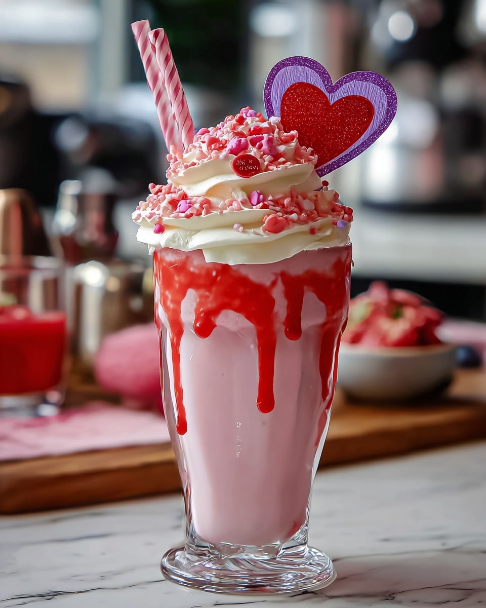 A tall clear glass filled with a smooth, light pink milkshake forms the base layer, topped by thick red syrup dripping down the sides. Above this is a large swirl of white whipped cream sprinkled with small red and pink crunchy bits. On top, a small whole red strawberry and a red heart-shaped decoration framed in purple sit slightly tilted into the cream. A pink and white striped straw is inserted behind the whipped cream. The drink is placed on a white marbled surface with blurred background objects. photo taken with an iphone --ar 4:5 --v 7