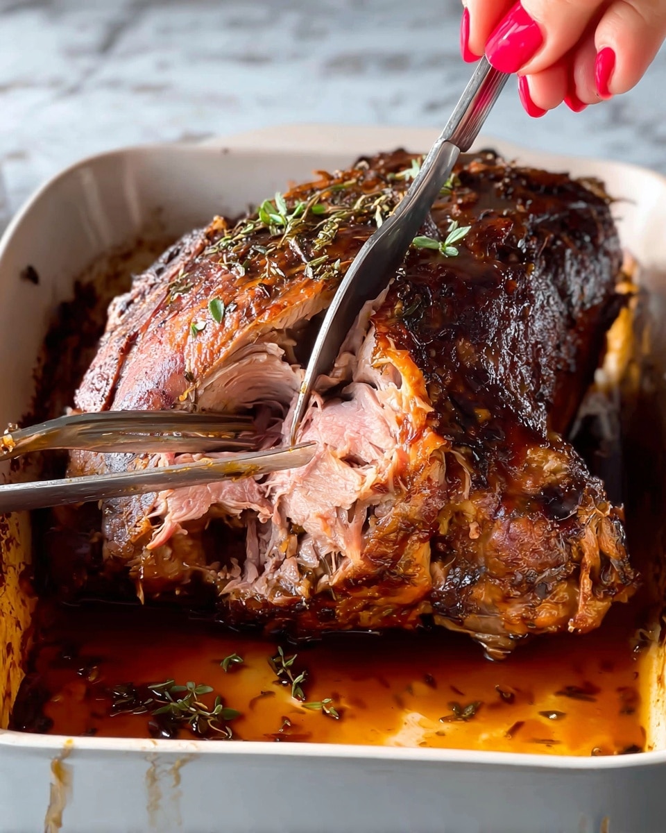 A cooked roast with a dark brown, crispy outer layer and a tender, pink inside is shown being pulled apart with two forks. The roast sits in a white baking dish with brown juices collecting around it, and small green herb sprigs are scattered on top of the meat. A woman's hand with red painted nails holds one fork on the right side of the image, pulling the meat apart to reveal its texture. The background surface is a white marbled texture. photo taken with an iphone --ar 4:5 --v 7