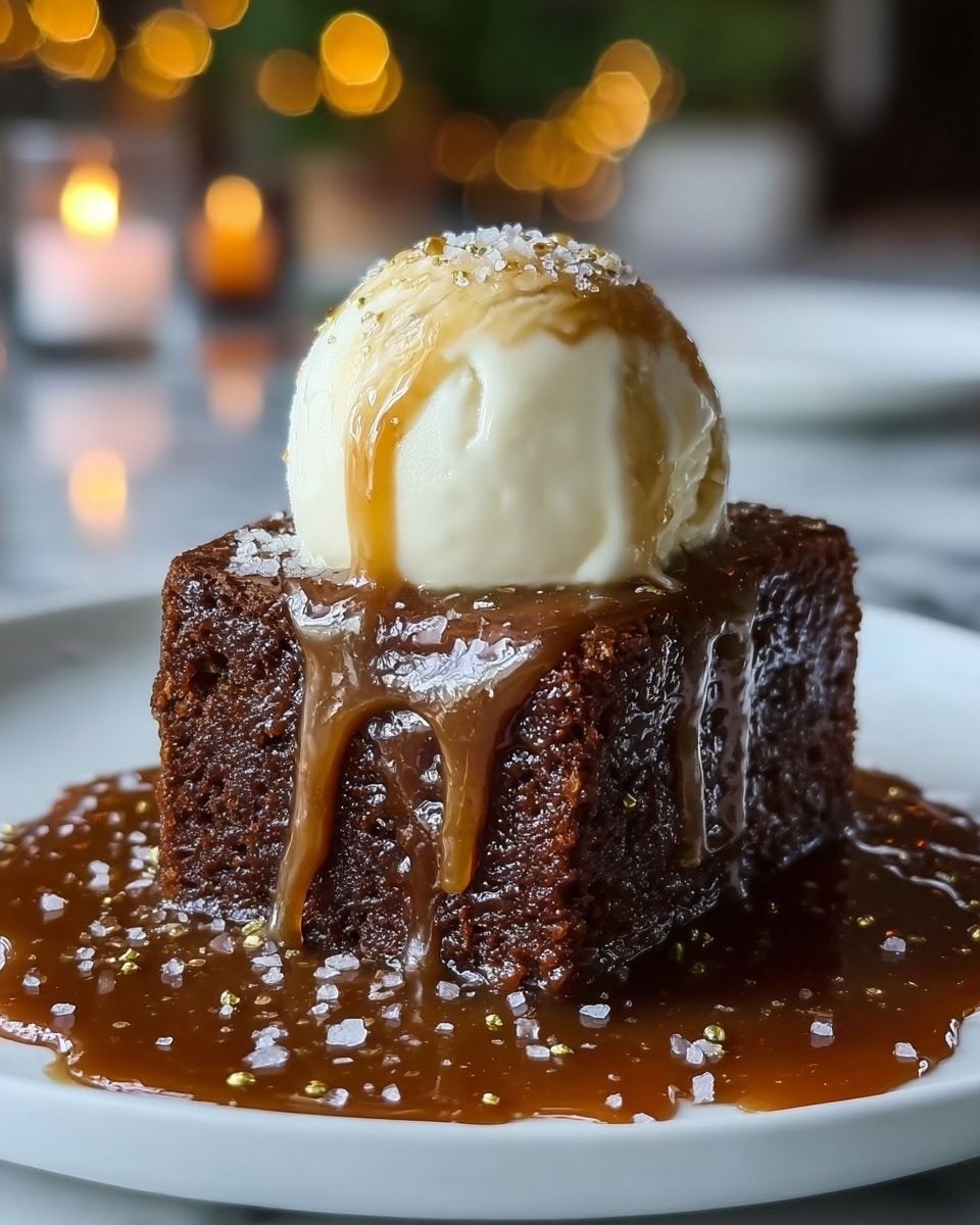 A square piece of rich, dark brown cake sits in the middle of a white plate, soaked in thick, glossy caramel sauce that drips down its sides and pools around the base. At the top, a smooth round scoop of creamy white ice cream rests, with a light drizzle of caramel over it. The caramel sauce sparkles with small gold flakes and is also sprinkled with coarse sea salt scattered over the cake and plate. The background shows soft, blurred lights, and the setting is on a white marbled surface. Photo taken with an iphone --ar 4:5 --v 7