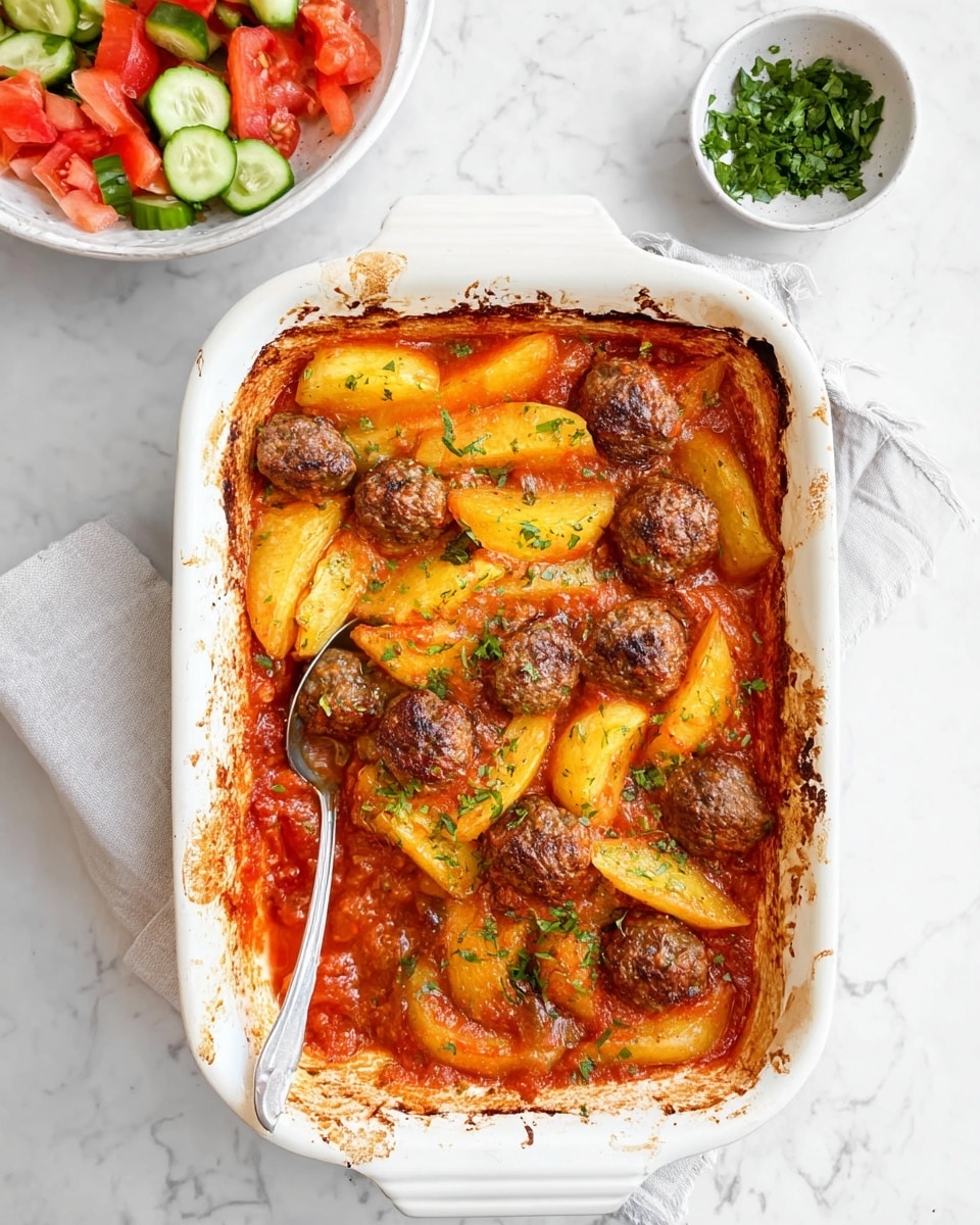 The image shows a white baking dish filled with a baked meal of meatballs and potato wedges in a red tomato sauce. The top layer has browned meatballs that are round and textured, mixed with golden potato wedges that are soft and coated in sauce. The edges of the dish have some baked-on sauce marks, giving a slightly crispy look. The dish is placed on a white marbled surface next to a small white bowl of green chopped herbs, and a white bowl with a fresh salad of chopped tomatoes and cucumbers is in the top left corner. A silver serving spoon rests inside the baking dish. Photo taken with an iphone --ar 4:5 --v 7