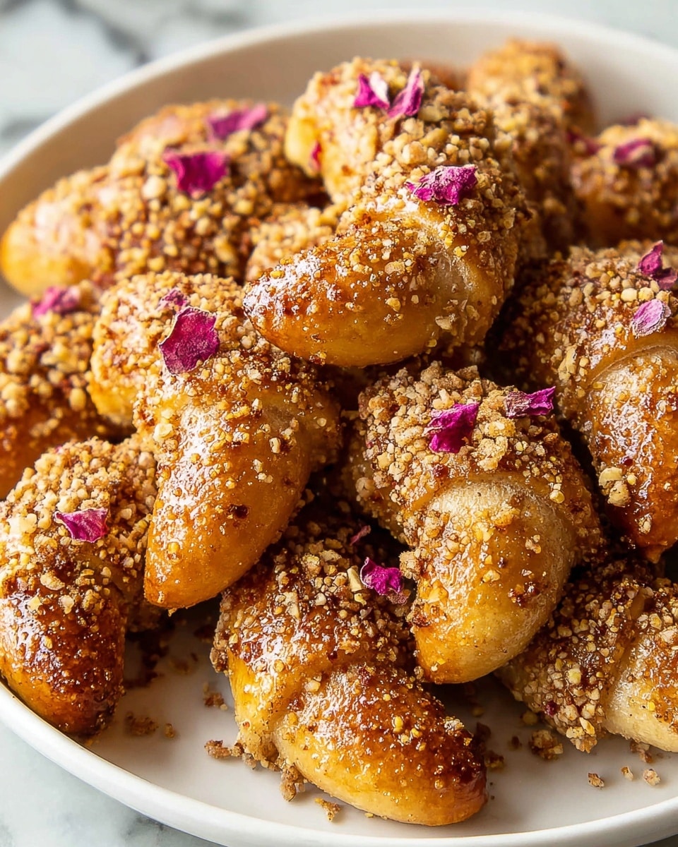 A white plate filled with small crescent-shaped pastries arranged closely, each pastry has a golden-brown shiny surface covered halfway with crushed nuts giving a rough texture, sprinkled lightly with small pink flower petals adding delicate color contrast; the pastries show smooth, glossy dough on one side and rough nutty coating on the other, set on a white marbled background. photo taken with an iphone --ar 4:5 --v 7