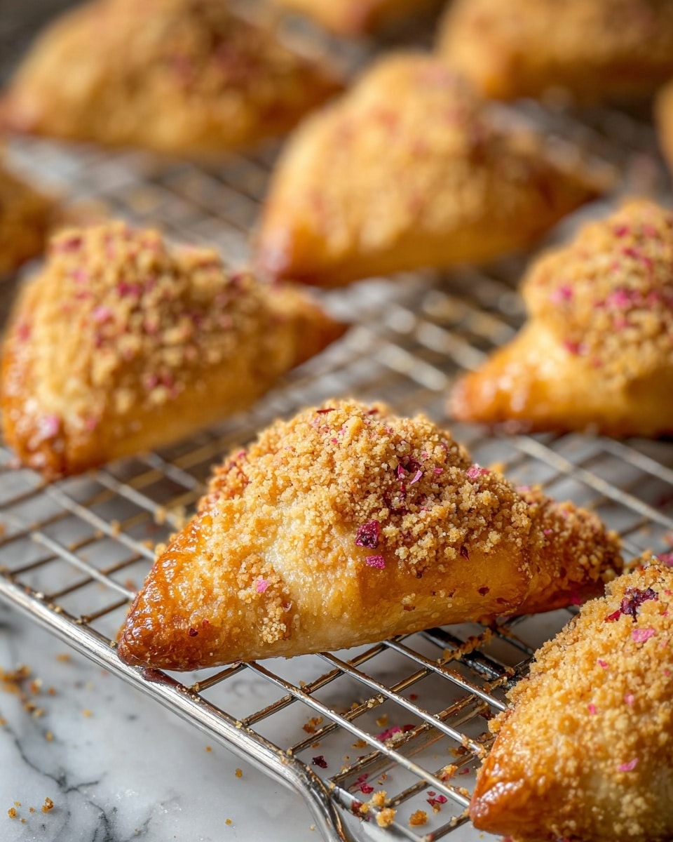 The image shows several golden-brown triangular pastries on a metal cooling rack over a white marbled surface. Each pastry has a crunchy crumb topping covering about half of its slightly curved surface, showing a mix of small light tan crumbs and tiny pink flakes scattered on the crumb layer. The other half of the pastry has a smooth, glossy golden crust with a warm toasted color. The pastries are arranged close to each other, with some in sharp focus and others softly blurred in the foreground and background. photo taken with an iphone --ar 4:5 --v 7