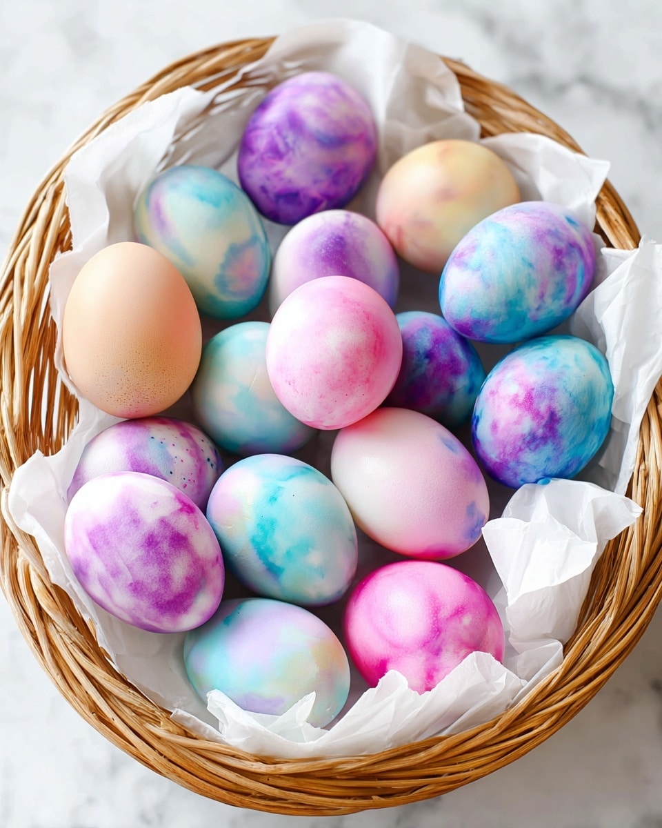 A wicker basket lined with white parchment paper holds a collection of colorful dyed eggs. There are fifteen eggs, each with a smooth shell showing a mix of soft pastel colors like pink, purple, blue, and light orange, all blending in marbled, cloud-like patterns. Some eggs have a more solid color base, while others show a stronger swirl or splatter effect of darker tones. The basket is placed on a white marbled surface, adding a clean and bright background to the vibrant eggs. photo taken with an iphone --ar 4:5 --v 7