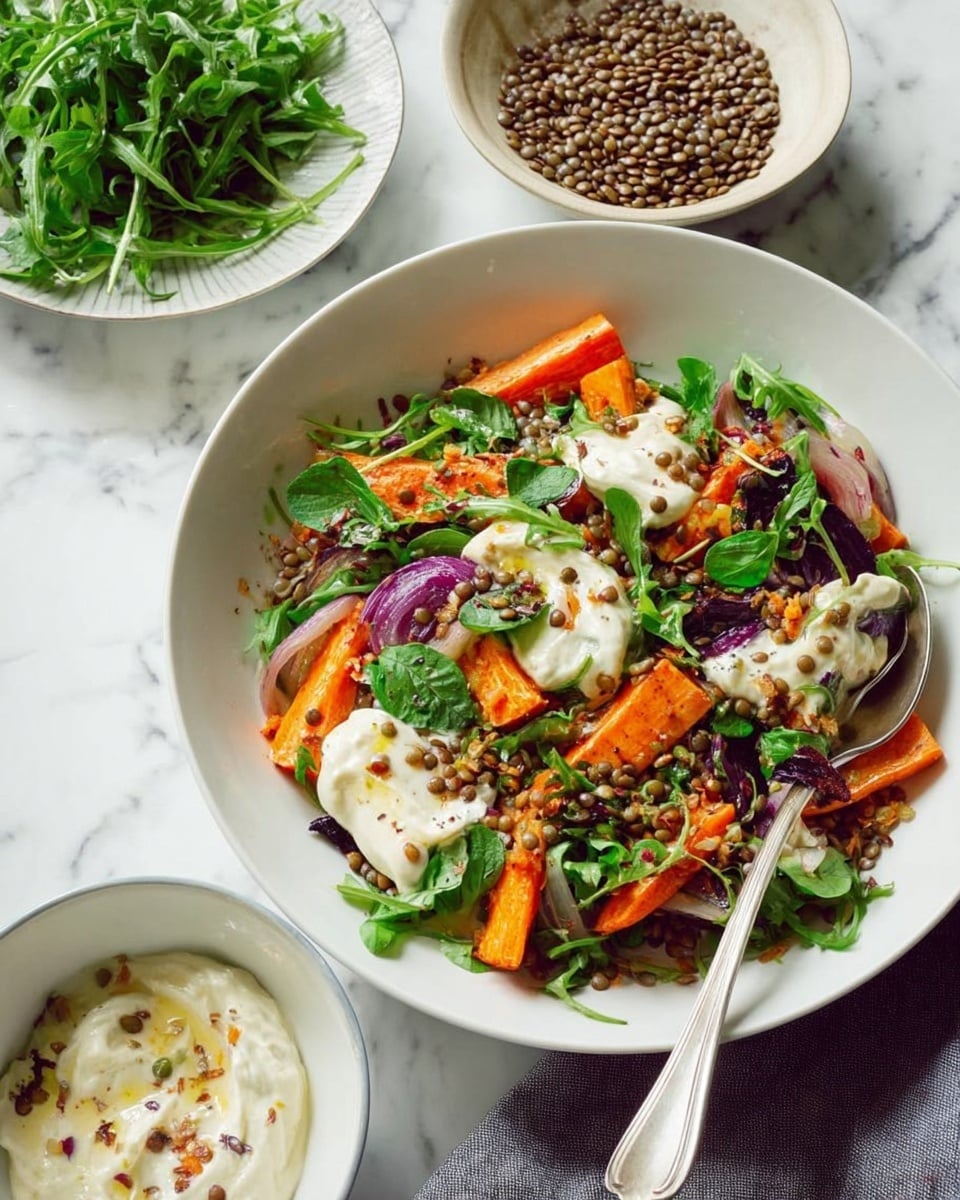 The dish is served on a white rectangular plate with three main layers: the bottom layer consists of green lentils spread evenly with some green leafy bits mixed in, the middle layer features a colorful mix of roasted carrot slices in orange, purple, and yellow, arranged in a scattered but balanced way, and the top layer is sprinkled with small chopped red onions and sunflower seeds, adding texture and pops of color. The plate is placed on a white marbled surface, next to a small wooden bowl filled with more sunflower seeds and a wooden spoon. photo taken with an iphone --ar 4:5 --v 7