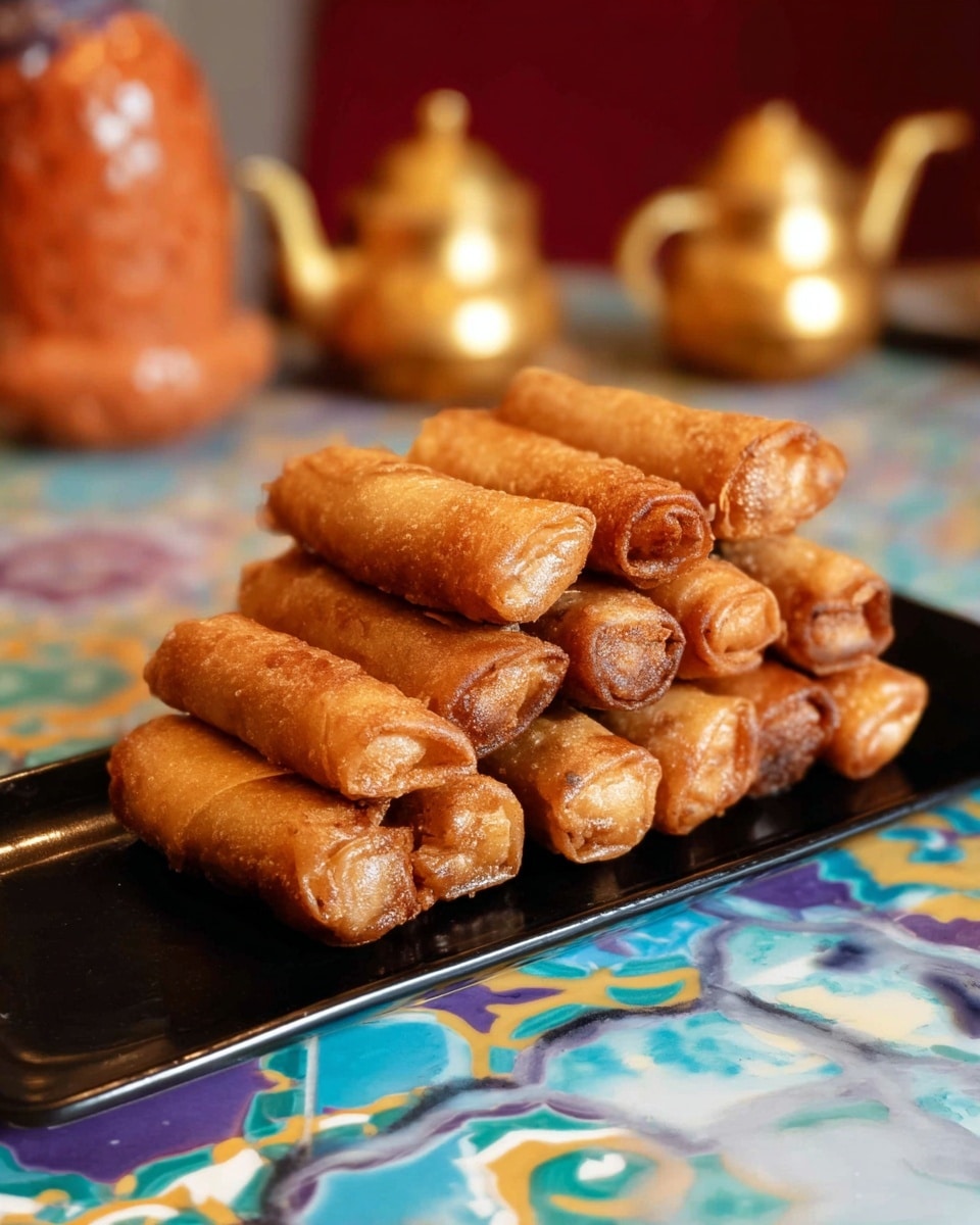 A black rectangular plate stacked with two layers of golden-brown fried spring rolls, each roll smooth and shiny with a crispy texture. The bottom layer has ten rolls placed neatly side by side, while the top layer has eight rolls arranged similarly. The plate sits on a white marbled surface with colorful blue, green, yellow, and purple tile patterns around it, and blurred gold and orange teaware in the background. Photo taken with an iphone --ar 4:5 --v 7