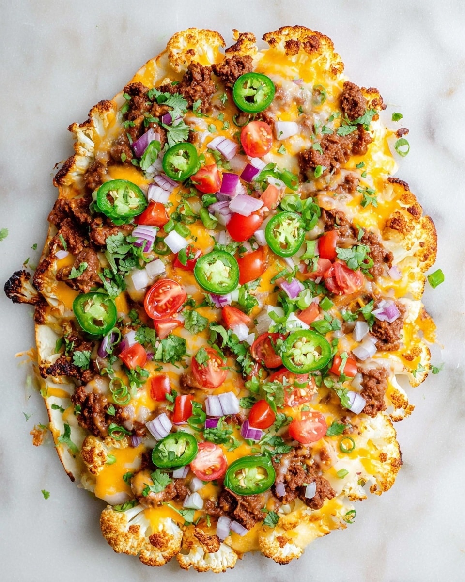 A flat layer of roasted white cauliflower pieces forms the base, topped with scattered melted yellow and white cheese creating a gooey texture. On top, there are chunky brown refried beans spread unevenly, bright green sliced jalapeño rings, small red diced tomatoes, and chopped purple onions scattered throughout. Sprigs of fresh green cilantro and sliced green onions add fresh color and are spread on the surface. The dish is presented on a white marbled texture. photo taken with an iphone --ar 4:5 --v 7