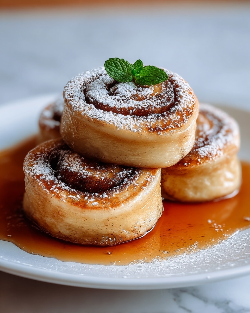 A white plate holds a thick, golden-brown baked pastry sliced into six pieces, each piece showing soft, fluffy layers with a slightly crisp outer crust. The pastry is lightly dusted with powdered sugar and is being drizzled with a caramel-colored syrup from a white pitcher on the right side. The plate sits on a dark wooden surface scattered with cinnamon sticks and a tipped glass jar containing more cinnamon sticks. In the blurred background, a white baking dish contains more of the baked pastry with powdered sugar on top. A silver fork with a gray handle rests on the plate next to the pastry. Photo taken with an iphone --ar 4:5 --v 7