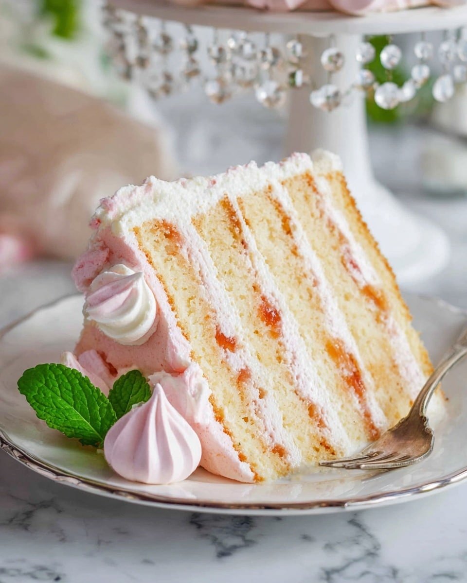 A slice of layered cake sits on a white plate with a delicate silver rim, placed on a white marbled surface. The cake has four layers of light golden sponge separated by three layers of pale pink cream with small pieces of fruit embedded inside. White cream is piped between the pink cream layers, adding contrast. On the plate, three pale pink meringue cookies are arranged to the side of the cake slice, one slightly leaning on it, with a fresh green mint leaf placed near the front. A silver fork rests partially on the plate’s edge. In the background, the base of a white cake stand with hanging glass crystals is visible, blurred softly to keep the focus on the cake slice. Photo taken with an iphone --ar 4:5 --v 7