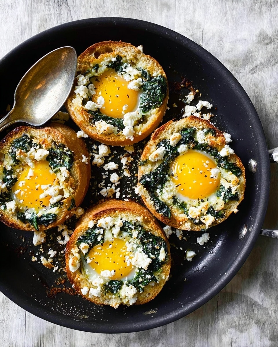 Five round bread slices with a hole in the middle are placed in a black pan. Each slice holds a bright yellow cooked egg yolk in the center, surrounded by green spinach leaves and sprinkled with white crumbled cheese. The edges of the bread are golden brown and slightly crispy. The cheese melted around the bread and some parts are browned. A silver spoon rests on the side of the pan. The pan sits on a white marbled surface. photo taken with an iphone --ar 4:5 --v 7