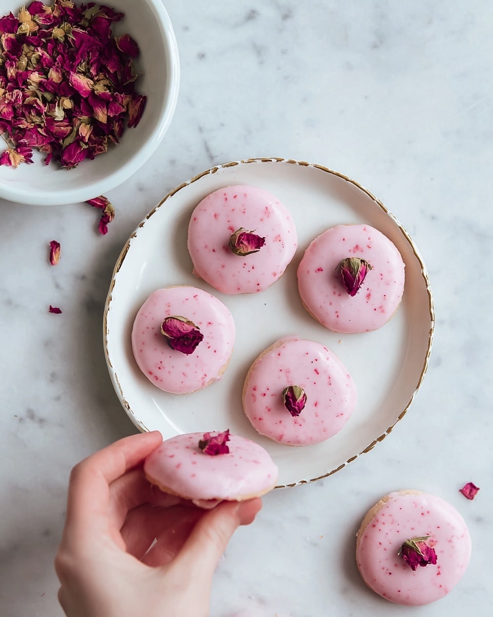 There are seven round cookies coated in smooth pink icing with small red specks, each topped with three dark pink dried flower petals in the center. Four cookies are placed inside a white plate with a golden rim and light pink wash, while three cookies rest directly on a white marbled surface. A woman's hand is delicately holding dried flower petals above a white bowl filled with similar dried petals, positioned to the left of the plate. The scene is bright and clean, with the focus on the soft texture and pastel colors of the cookies. photo taken with an iphone --ar 4:5 --v 7