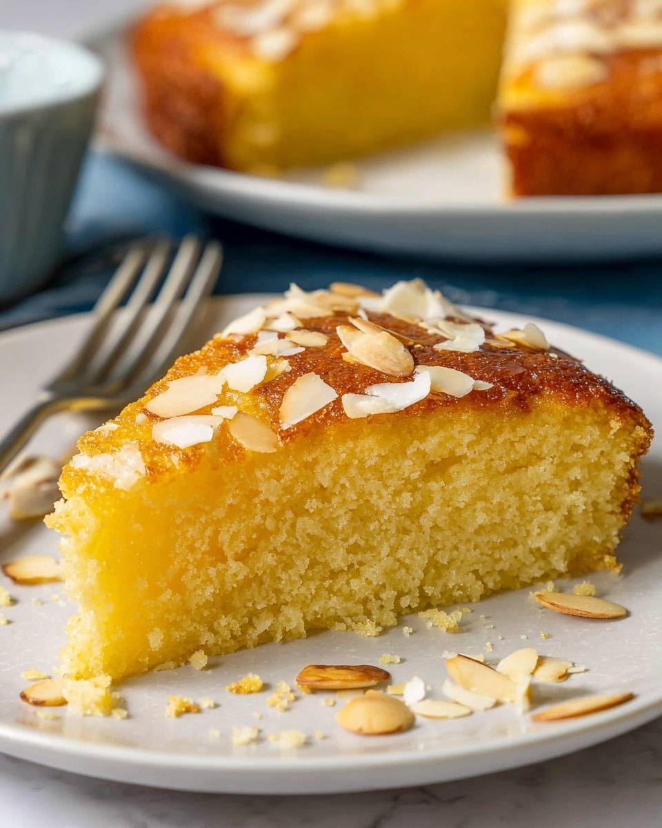 A close-up of a single slice of moist yellow cake with a golden brown top layer, sprinkled with thin white almond flakes, sitting on a white plate. The cake has a soft and slightly grainy texture inside with one visible layer, and the golden crust is slightly raised and glossy. More almond flakes are scattered on the white marbled surface around the plate. In the background, there is a blurred second plate with more cake slices and a fork. Photo taken with an iphone --ar 4:5 --v 7
