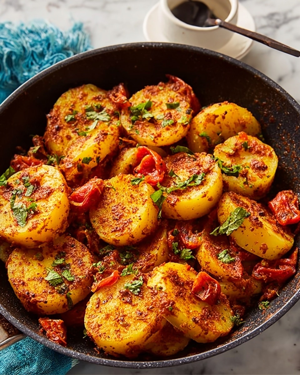 The dish shows a black pan filled with several round, thick potato slices that are golden yellow with a reddish spice coating. There are scattered pieces of cooked red tomatoes and bits of green herbs on top, adding touch of color. The potatoes look soft and slightly crispy on the edges with a textured, spicy sauce all over. The background is a white marbled surface. In the upper corner, a white cup with a dark spoon inside is visible. photo taken with an iphone --ar 4:5 --v 7