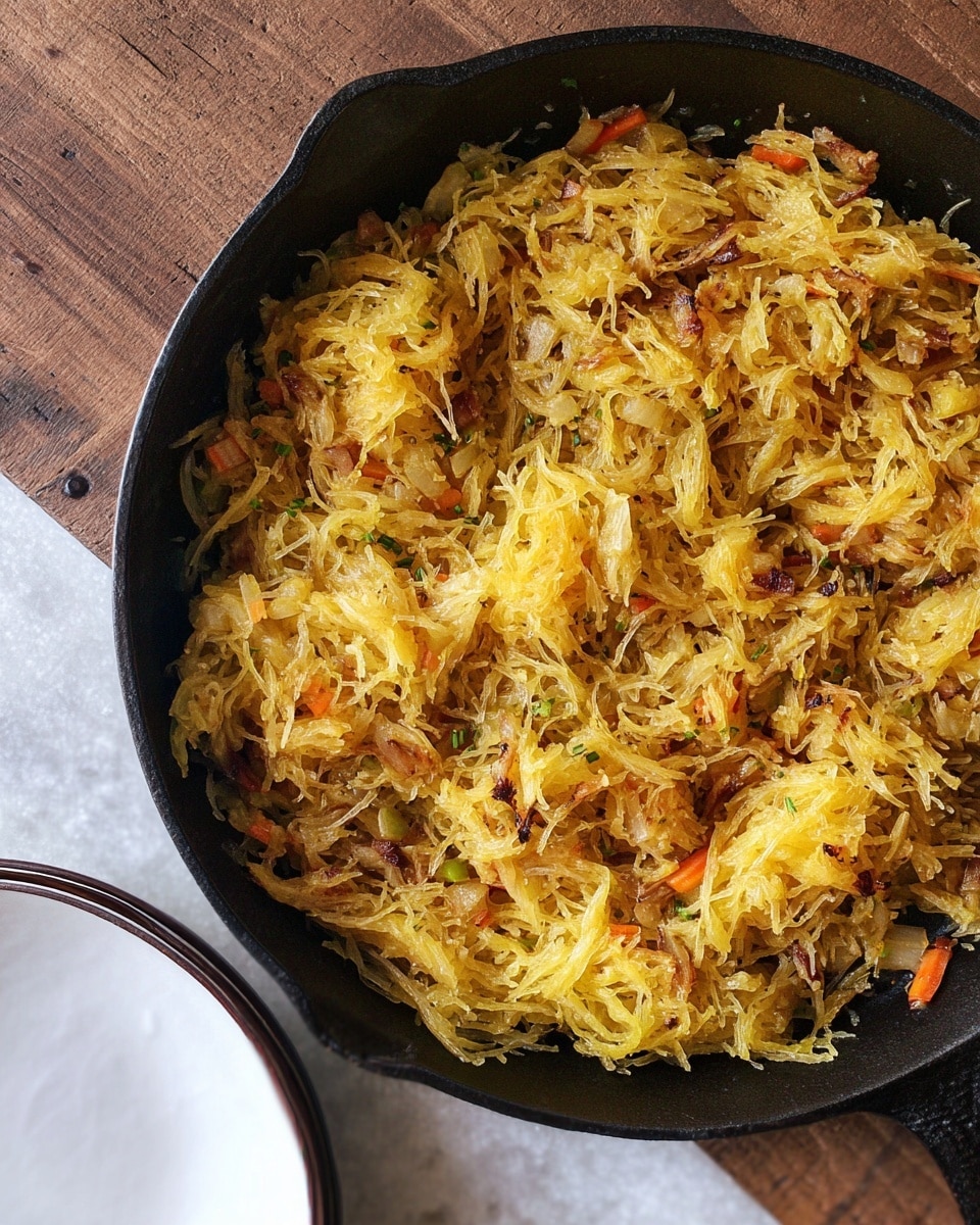 A close-up view of a black cast iron skillet filled with cooked spaghetti squash mixed with pieces of browned onion, celery, and some small carrot strips. The spaghetti squash strands are golden yellow and slightly crispy, showing some light charring in spots. The vegetables are mixed evenly throughout the layer of squash, creating a textured, warm-looking dish. The skillet sits on a white marbled texture surface with a partial view of a white plate with a dark rim in the corner. photo taken with an iphone --ar 4:5 --v 7