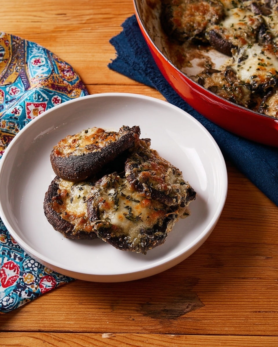 A white plate holds a small pile of cooked portobello mushrooms covered with melted cheese and herbs. The mushrooms are dark brown with a soft, slightly shiny texture, while the cheese on top is golden and bubbly with some browned spots, layered unevenly across the mushrooms. The plate sits on a wooden surface with a colorful patterned cloth partially visible on the left side. To the right, a red pan filled with more mushrooms with melted cheese is slightly visible, resting on a dark blue cloth. The background is changed to a white marbled texture. Photo taken with an iphone --ar 4:5 --v 7