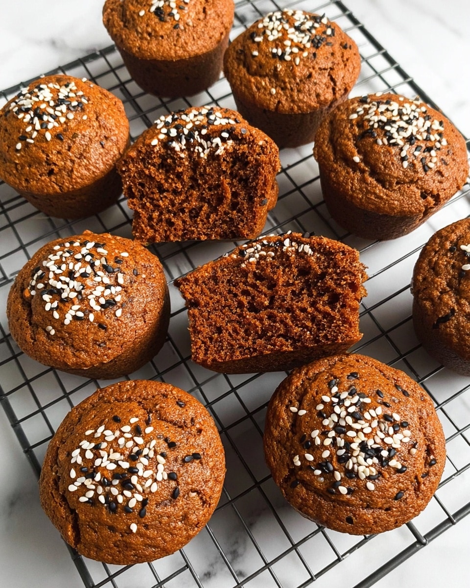 The image shows ten small brown muffins on a black wire cooling rack placed over a white marbled surface. Each muffin has a slightly cracked top sprinkled evenly with white and black sesame seeds. One muffin is cut in half at the front, revealing a moist, dense, dark brown interior texture. The muffins are arranged randomly but close to each other, highlighting their round shape and textured surface. The whole presentation is simple and neat, with the contrast between the dark rack, white marbled background, and brown muffins emphasizing the details. photo taken with an iphone --ar 4:5 --v 7