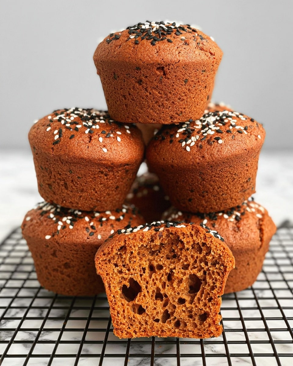The image shows a stack of six brown muffins arranged on a black cooling rack over a white marbled surface. The muffins have a rough, cracked top surface and are sprinkled with white and black sesame seeds scattered unevenly on top. One muffin is placed on top facing forward and cut in half to show its moist interior that has a soft, spongy texture with small air holes. The muffins have a uniform brown color and slightly darker edges, giving a baked look. The background is plain light grey. photo taken with an iphone --ar 4:5 --v 7