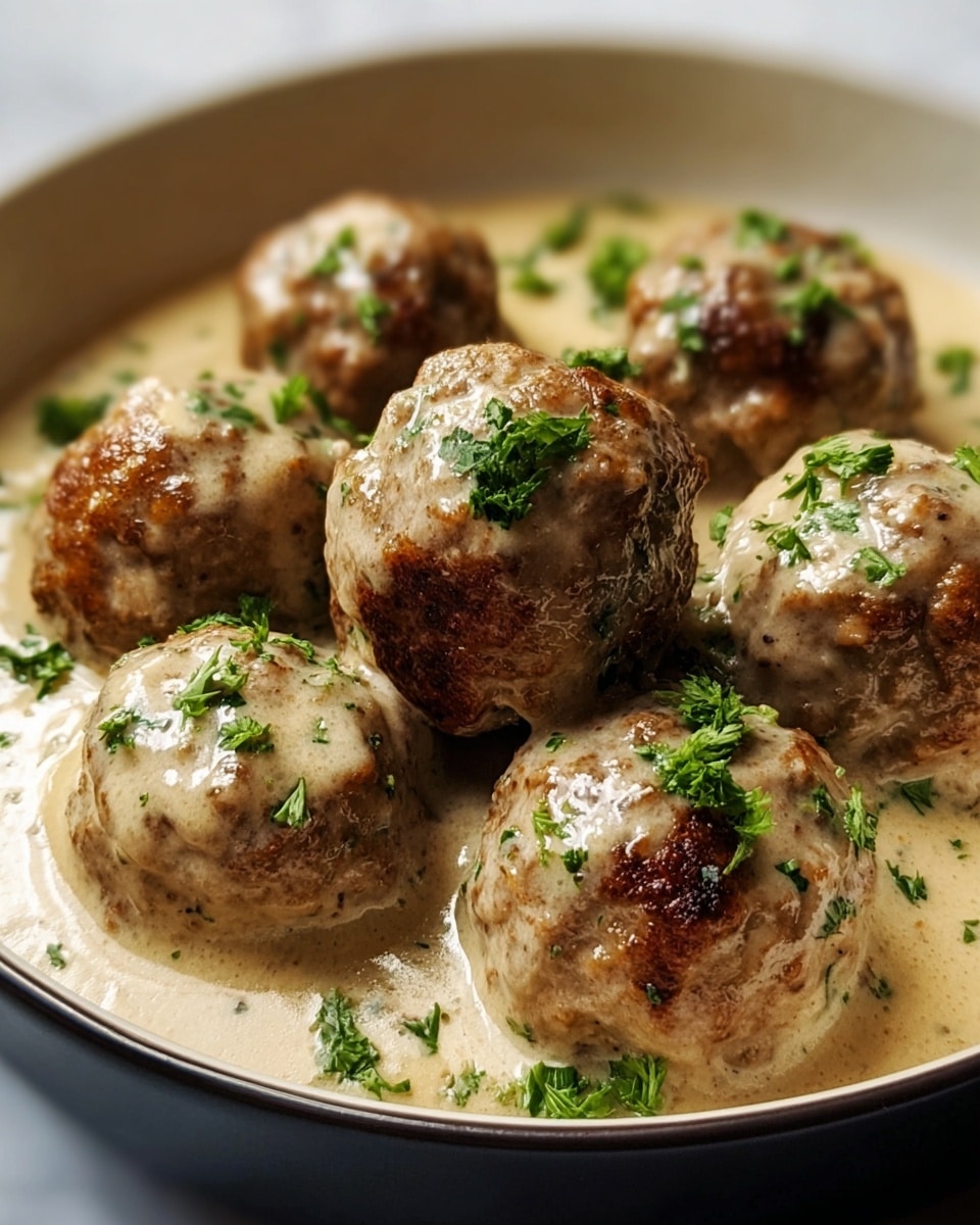 A close-up of seven browned meatballs covered in a thick light tan creamy sauce with green herb pieces sprinkled on top, all placed neatly in a white bowl with a dark inside edge, set on a white marbled surface. The sauce pools around the base of the meatballs, showing smooth and slightly shiny textures, while the meatballs have a slightly rough and crispy exterior. photo taken with an iphone --ar 4:5 --v 7