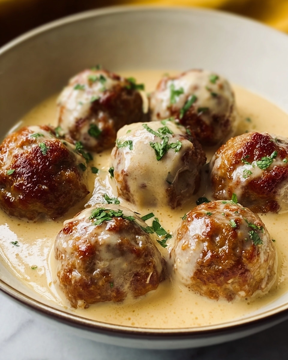 The image shows six golden-brown meatballs arranged in a single layer inside a white bowl. Each meatball is coated with a creamy light beige sauce that looks smooth and slightly shiny. Small pieces of green herbs are sprinkled on top of the meatballs and sauce, adding a touch of color and freshness. The bowl rests on a white marbled surface, and the lighting highlights the meatballs' texture, making them look juicy and tender. Photo taken with an iphone --ar 4:5 --v 7