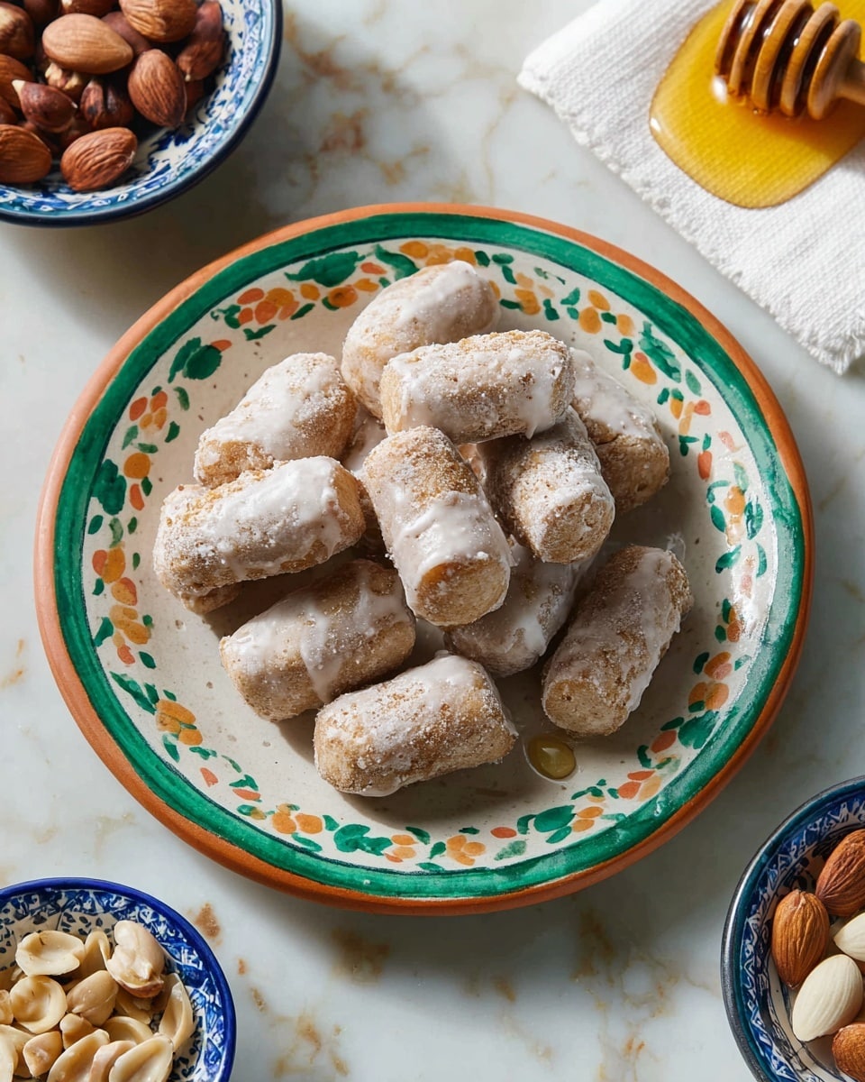 A white plate with a green and orange pattern around the edge holds a pile of small, cylindrical pastries covered partly with a light white sugar glaze that looks slightly rough and grainy. The pastries have a golden brown base color visible under the glaze. Around the plate, on a white marbled surface, are two small bowls with blue and green patterns on the inside, one filled with hazelnuts and the other with peeled almonds. In the upper right corner, there is a wooden honey dipper resting on a folded white napkin, covered with golden honey dripping slowly. photo taken with an iphone --ar 4:5 --v 7