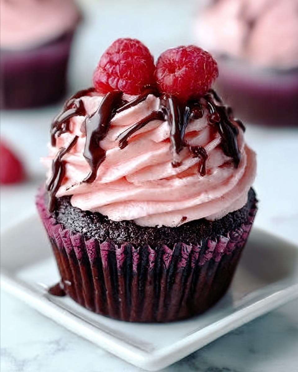 The image shows a close-up of a chocolate cupcake with three layers. The bottom layer is a dark brown, soft chocolate cake in a crinkled deep purple paper cup. On top, there is a thick, smooth swirl of light pink frosting with soft peaks, covering the entire cupcake top. Drizzled over the frosting is a dark chocolate sauce, glossy and slightly dripping down the sides. At the very top, two fresh, red raspberries sit side by side, adding bright color and texture. The cupcake is placed on a small white square plate set against a white marbled surface. Photo taken with an iphone --ar 4:5 --v 7