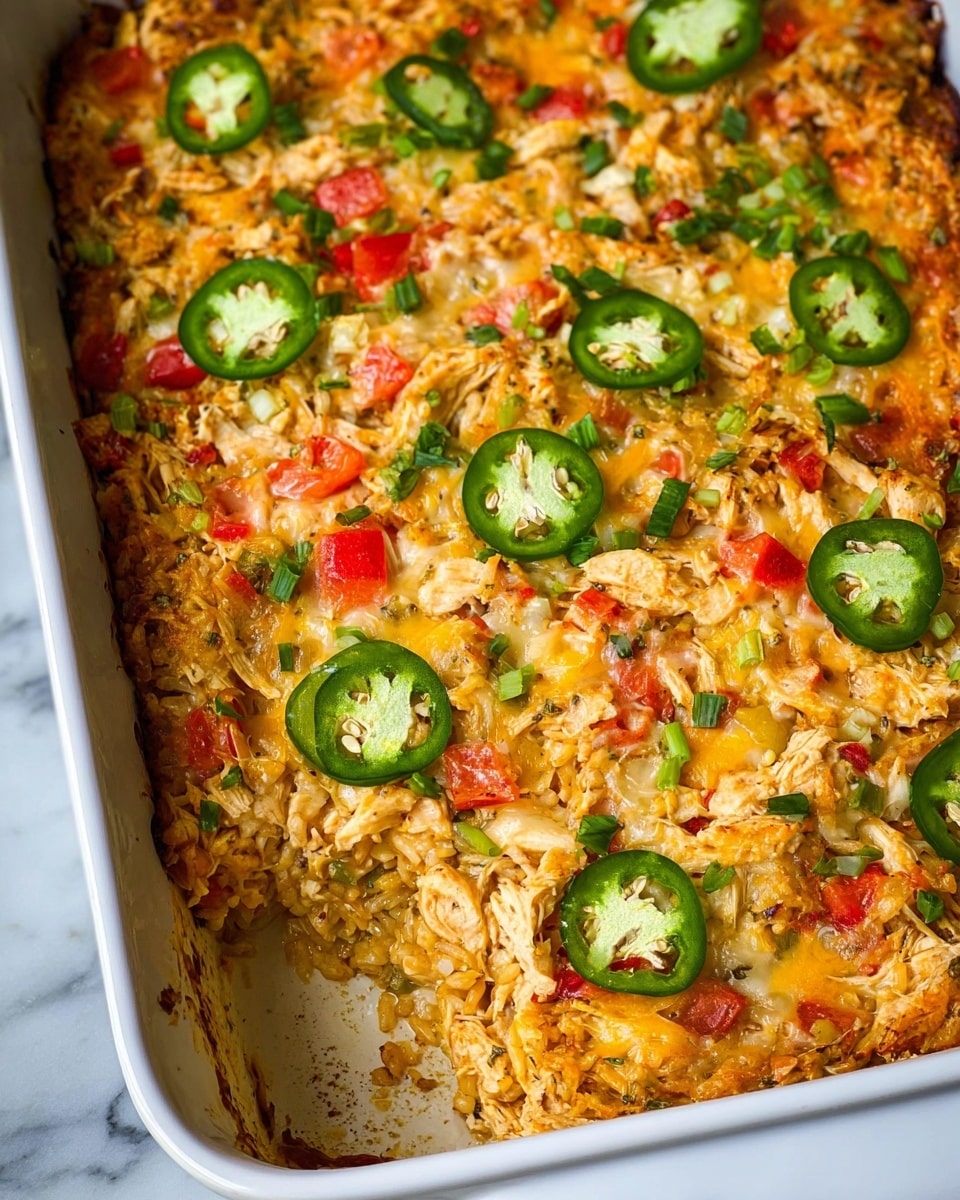 This image shows a rectangular white casserole dish filled with a baked dish that has visible layers of shredded chicken, rice, melted cheese, and diced red tomatoes mixed throughout. The top layer is golden brown with a slightly crispy texture and is scattered with slices of fresh green jalapeño peppers. The dish appears moist and hearty with small bits of green herbs or vegetables mixed in. The edges of the casserole dish show some baked-on browning. The background is a white marbled surface. photo taken with an iphone --ar 4:5 --v 7