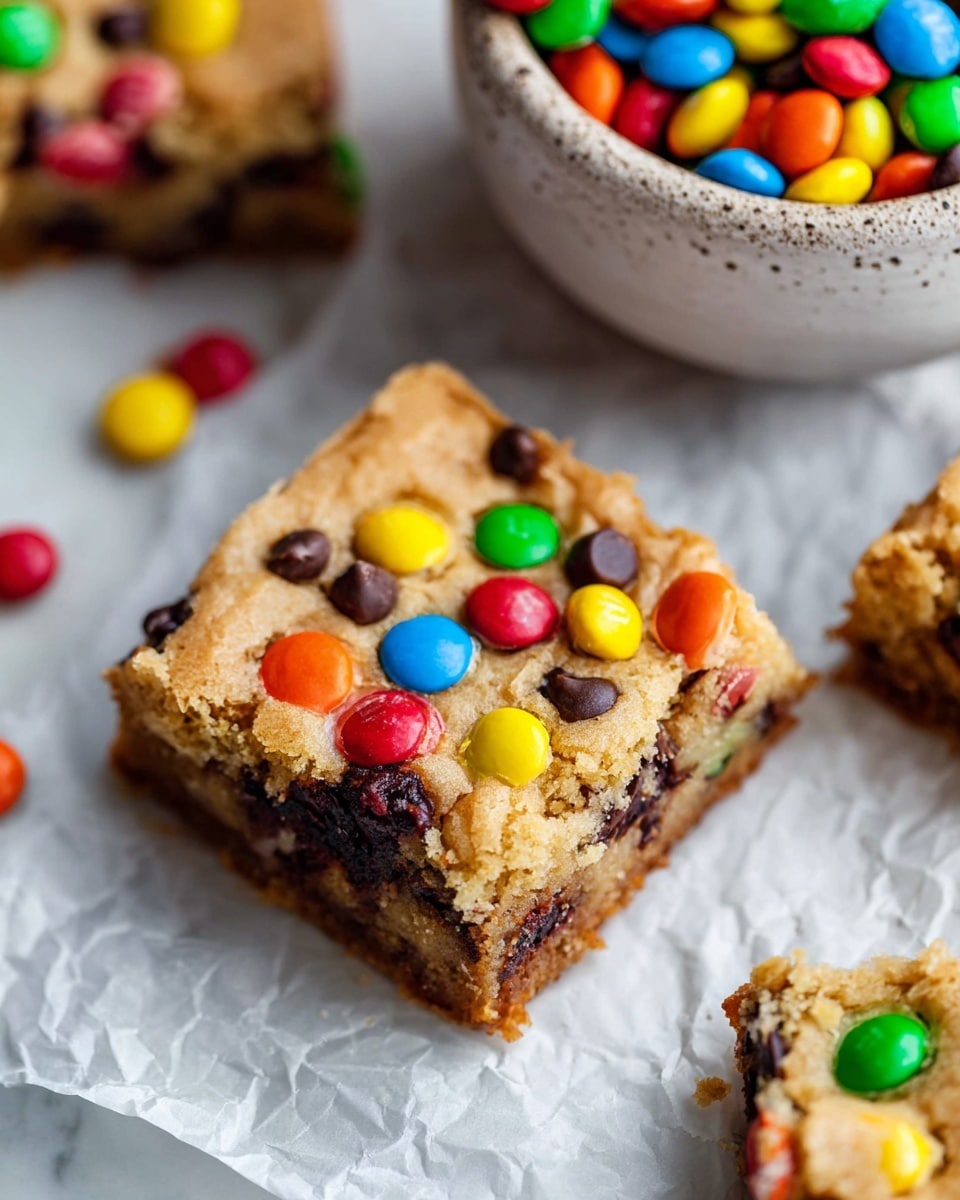 A close-up view of a thick, square blondie bar with a golden brown top layer that looks soft and slightly crumbly. The top is covered with colorful candy-coated chocolates in red, yellow, orange, green, and blue, along with some visible melted chocolate chips peeking through. The blondie shows layers of light brown dough mixed with dark chocolate chips, and the candies are spread unevenly, giving a playful and rich look. The bars are placed on crinkled parchment paper over a white marbled surface, and there is a speckled white bowl filled with more vibrant candy-coated chocolates visible at the top edge of the image. photo taken with an iphone --ar 4:5 --v 7