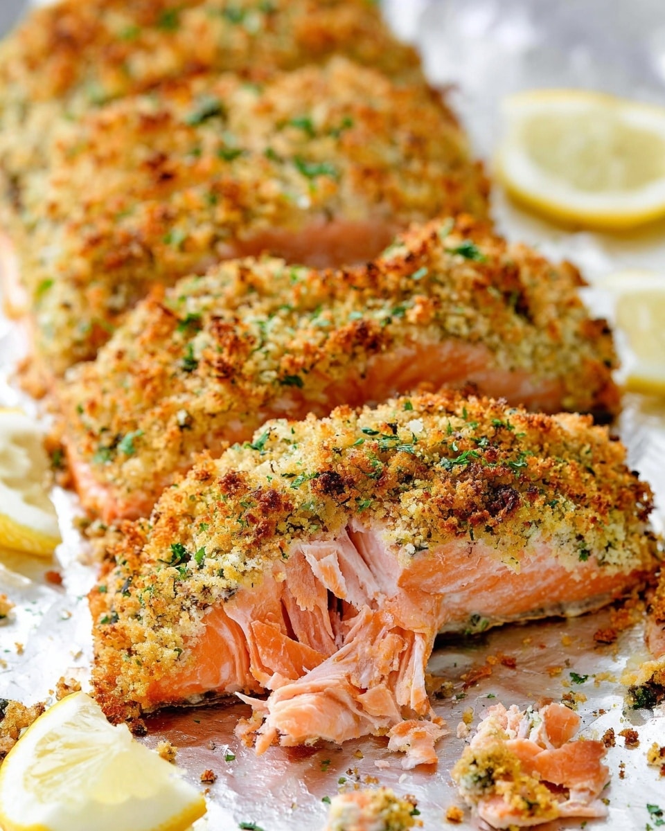 The image shows a close-up view of a cooked salmon fillet cut into three large pieces, placed on a white marbled surface covered with foil. The top layer is a crunchy golden-brown breadcrumb crust with green herb flecks, giving it a rough texture. Below the crust, the salmon meat is visible, showcasing a bright peachy-pink color with flaky, juicy texture, especially in the closest piece where some flakes are broken apart. Around the salmon are scattered lemon wedges with pale yellow flesh and white rind, slightly out of focus in the background. Photo taken with an iphone --ar 4:5 --v 7