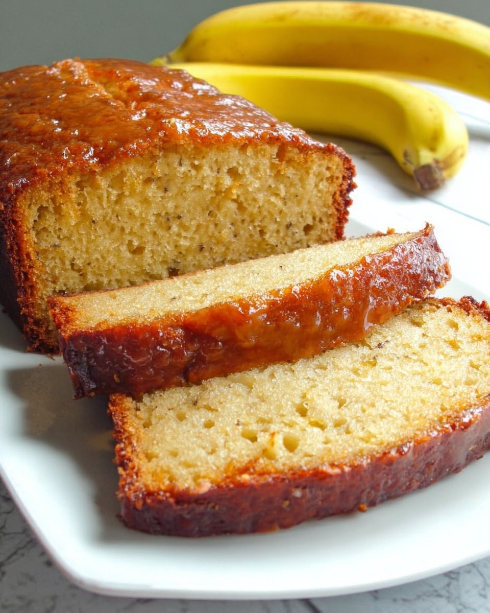 A close-up view of a banana bread loaf placed on a white plate with four sliced pieces in front of the main loaf. The banana bread has a moist texture with a golden-brown crust and a light yellow inside showing tiny bits of banana. Two whole bananas are placed in the background on a white marbled surface. The lighting highlights the shiny, slightly caramelized glaze on the top crust, and the soft crumb inside. photo taken with an iphone --ar 4:5 --v 7