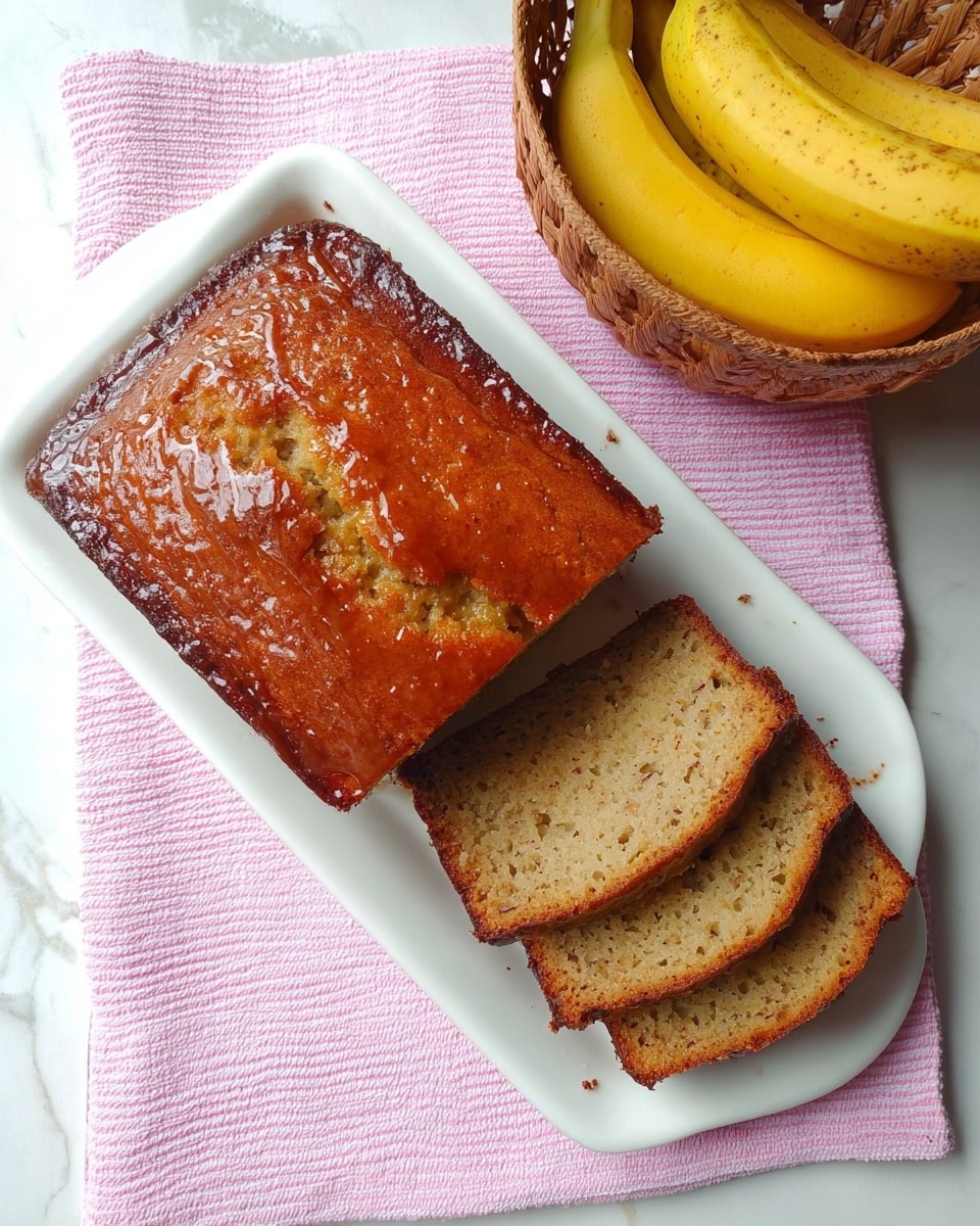 A white rectangular plate holds a glazed banana bread loaf with a shiny, golden-brown top that's slightly wrinkled and textured. Three slices are cut from the right side, showing a light beige interior with small air pockets and a slightly moist texture. The loaf's edges are darker brown, almost caramelized. The plate sits on a pink and white striped cloth over a white marbled surface. A basket in the top-right corner contains two ripe yellow bananas with brown spots. Photo taken with an iphone --ar 4:5 --v 7