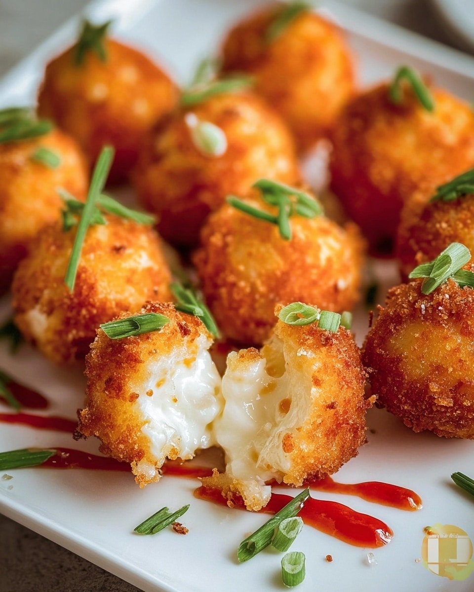 A white square plate filled with many small, round, golden brown fried balls that have a crispy texture. The balls are stacked in layers, some showing the soft white inside, while others have bits of green garnish on top. In the blurred background, there are small white bowls with dipping sauces, one with a white creamy sauce and another with a red sauce. All of this sits on a white marbled surface. photo taken with an iphone --ar 4:5 --v 7