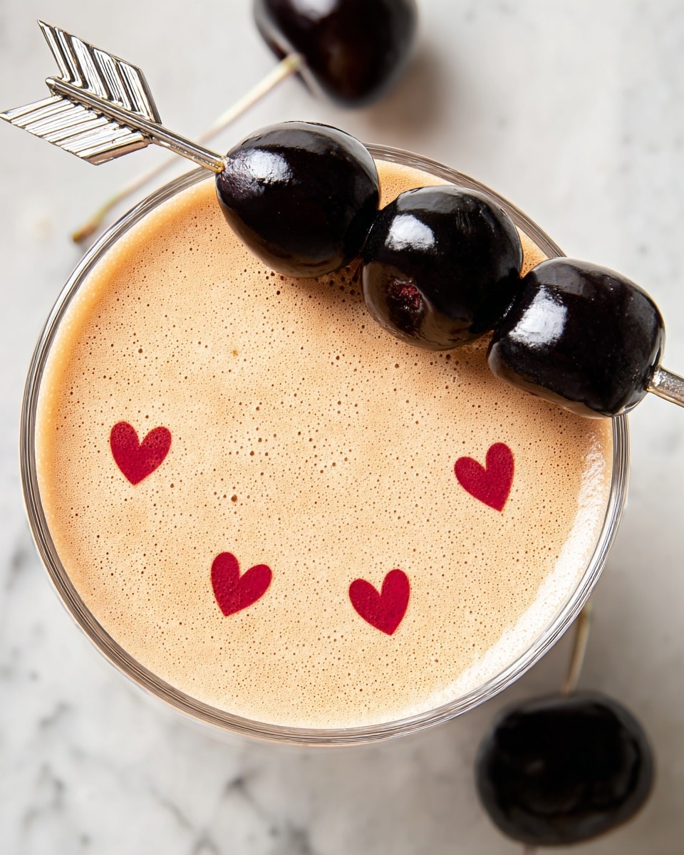 A close-up top view of a creamy light brown drink with a fine frothy texture filling a clear round glass. On top of the froth, there are small red heart shapes arranged in a circle. Resting on the rim of the glass is a silver skewer with four large shiny black cherries lined up, ending with a decorative arrow tip. The glass is placed on a white marbled surface with two more black cherries beside it. Photo taken with an iphone --ar 4:5 --v 7