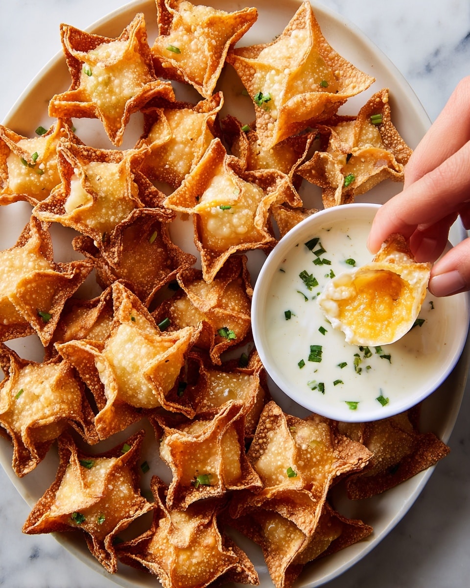 A white plate filled with many small golden-brown crispy wontons, each with bubbled textures and folded into star-like shapes, sprinkled lightly with small green chopped herbs. On the top right side of the plate, there is a small white bowl filled with creamy white dipping sauce that has some small green herb pieces on top. A woman's hand is holding one wonton half-dipped in the sauce, showing a soft orange filling inside. The whole setup is on a white marbled surface. photo taken with an iphone --ar 4:5 --v 7