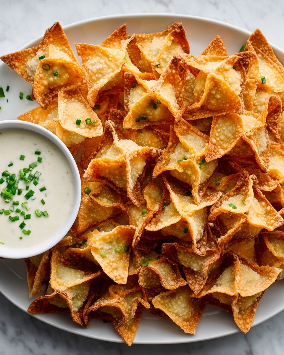 A close-up view of a white plate filled with golden brown crispy wontons that have a bubbly texture and are folded into small triangular shapes, scattered with small green chive pieces. On the upper left side of the plate, there is a small white bowl filled with creamy white dipping sauce, also sprinkled with chopped green chives. The background is a white marbled surface, adding a clean and simple contrast to the warm colors of the food. photo taken with an iphone --ar 4:5 --v 7