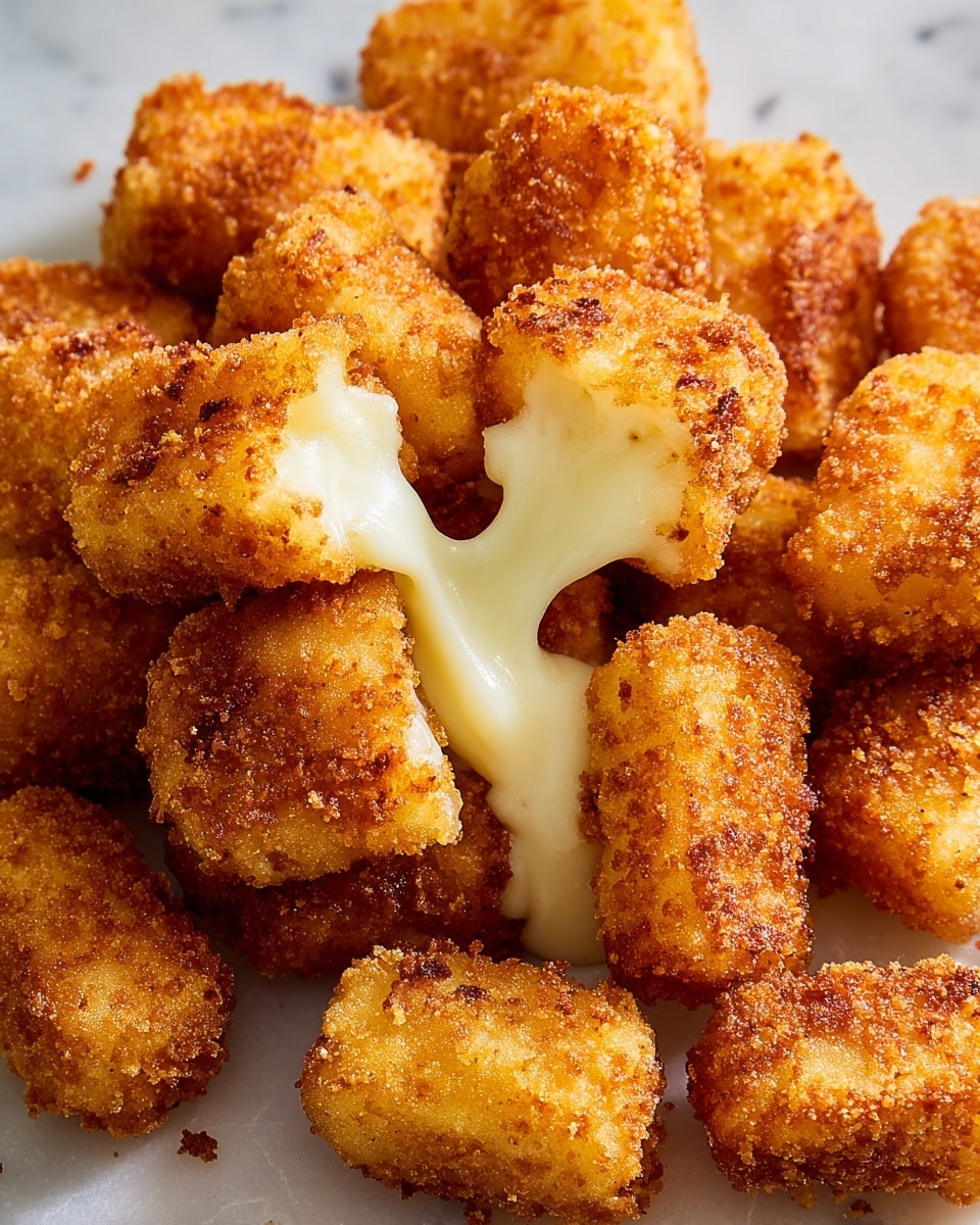 A close-up view of many golden brown, crispy fried cheese bites piled together, each piece showing a crunchy, textured outer layer. One cheese bite in the center is pulled apart, stretching smooth, melted white cheese from its crunchy coating. The cheese bites have irregular shapes but mostly small, rectangular or oval forms. They rest on a white marbled texture background. photo taken with an iphone --ar 4:5 --v 7