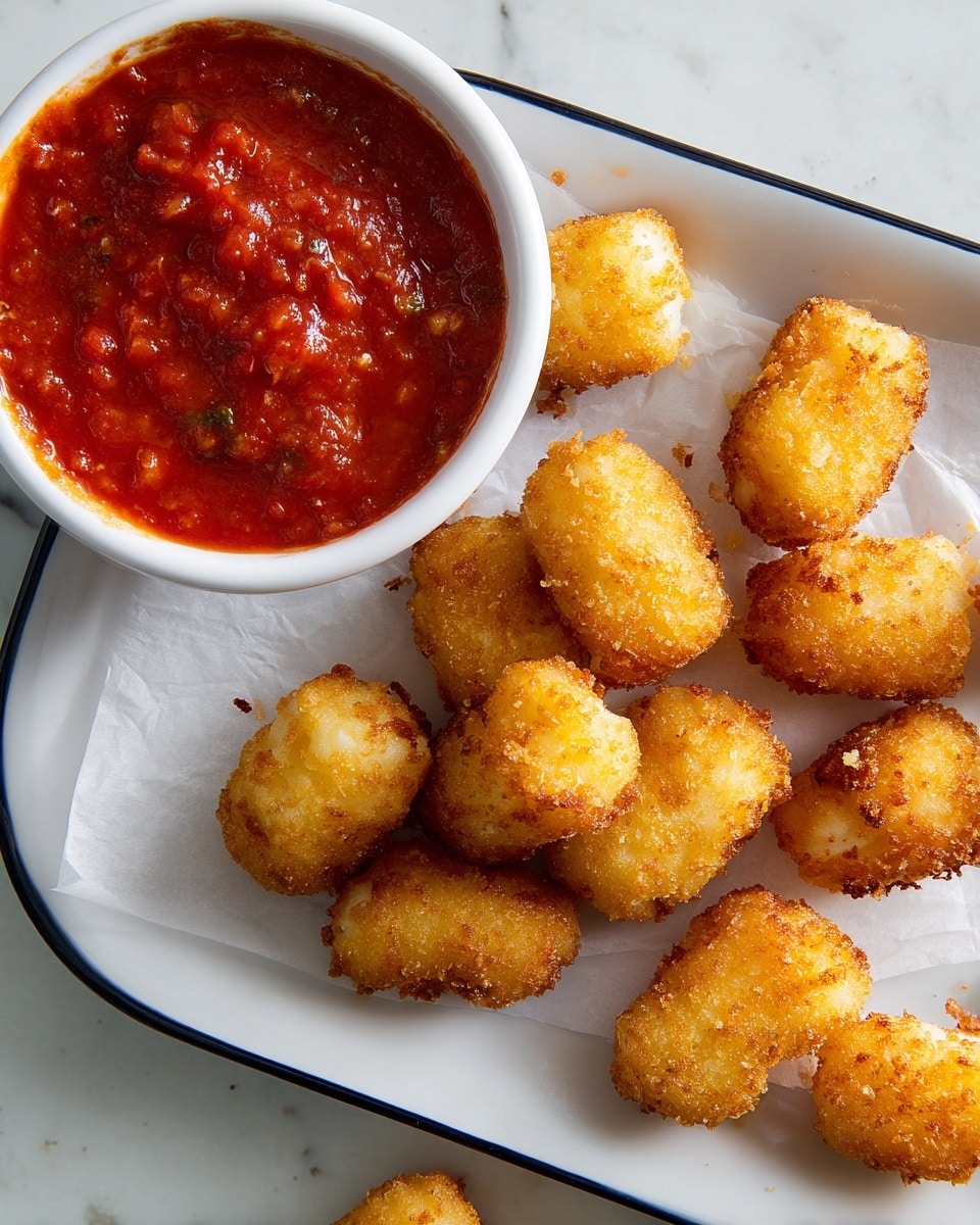 The image shows a white rectangular plate with a thin black border, holding about ten small, golden-brown, crispy, fried cheese curds arranged unevenly with some overlapping on parchment paper. Near the plate, three cheese curds are scattered on a white marbled surface. Above the plate, there is a white bowl filled with thick, bright red marinara sauce with a slightly chunky texture, visible near the rim. The cheese curds have a crunchy texture with some darker brown spots indicating deep frying. photo taken with an iphone --ar 4:5 --v 7