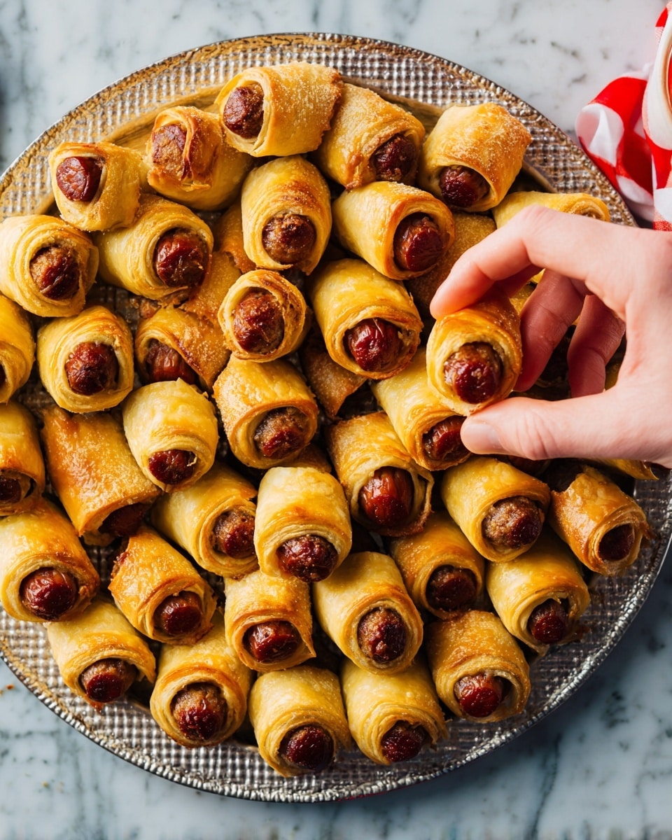The image shows many small baked sausage rolls arranged closely together on a round metal tray with a textured surface. Each roll has one layer of golden-brown, crispy dough wrapped around a dark reddish-brown sausage, with the sausage ends exposed at the top. A woman's hand is picking up one sausage roll from the right side of the tray. The background surface is a white marbled texture. Photo taken with an iphone --ar 4:5 --v 7