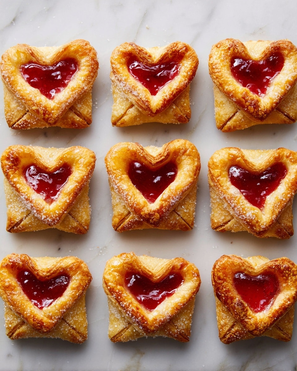 Nine small golden-brown pastries shaped like envelopes are arranged in three rows on a white marbled surface. Each pastry has slightly folded edges with a small heart shape sealing the middle bottom. A bright red jam fills the open top section of each pastry, showing a shiny, smooth texture. The pastries have a crisp, flaky crust with sugar crystals glistening on the surface. The color contrast between the warm golden crust and vibrant red jam highlights the freshness and sweetness of the treats. photo taken with an iphone --ar 4:5 --v 7