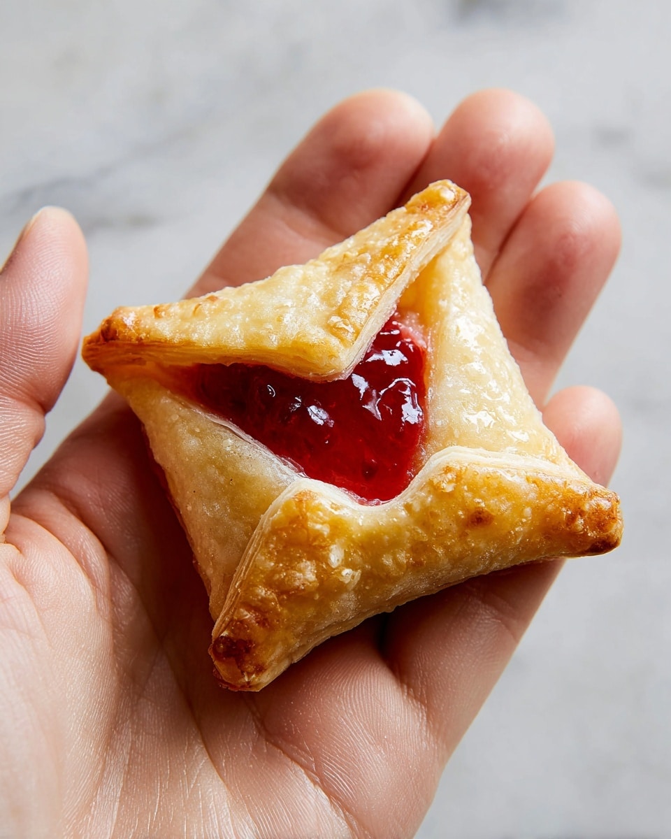 A close-up of a small, square-shaped pastry shaped like an envelope, with four golden brown folded layers forming the sides and a small triangular flap in the center; inside the open middle section is a thick, glossy layer of bright red jam. The pastry rests gently in a woman's hand against a white marbled background. The texture of the pastry looks flaky with a slight shine from baking, and the jam has a smooth, jelly-like appearance. photo taken with an iphone --ar 4:5 --v 7