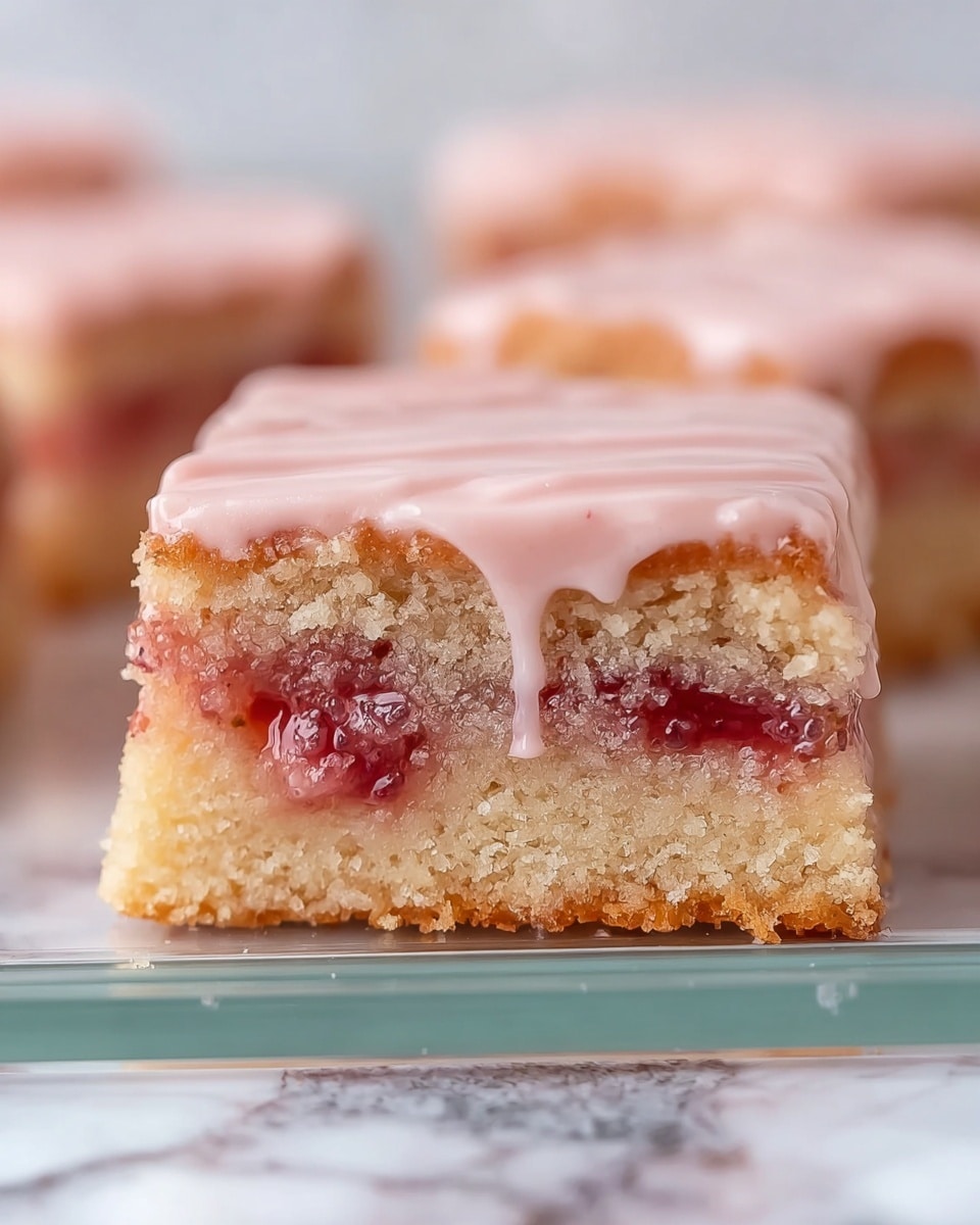 The image shows a close-up of a square-shaped cake piece with two visible layers. The bottom layer is light golden brown with a soft, crumbly texture. The middle thin layer contains a rich, glossy pinkish fruit filling with visible chunks, adding a moist feel. The top layer is a smooth, pale pink frosting that slightly drips down the sides, creating a creamy contrast to the textured cake underneath. The cake piece is placed on a clear glass tray, which rests on a white marbled surface. In the background, more pieces of the same cake are softly blurred. photo taken with an iphone --ar 4:5 --v 7