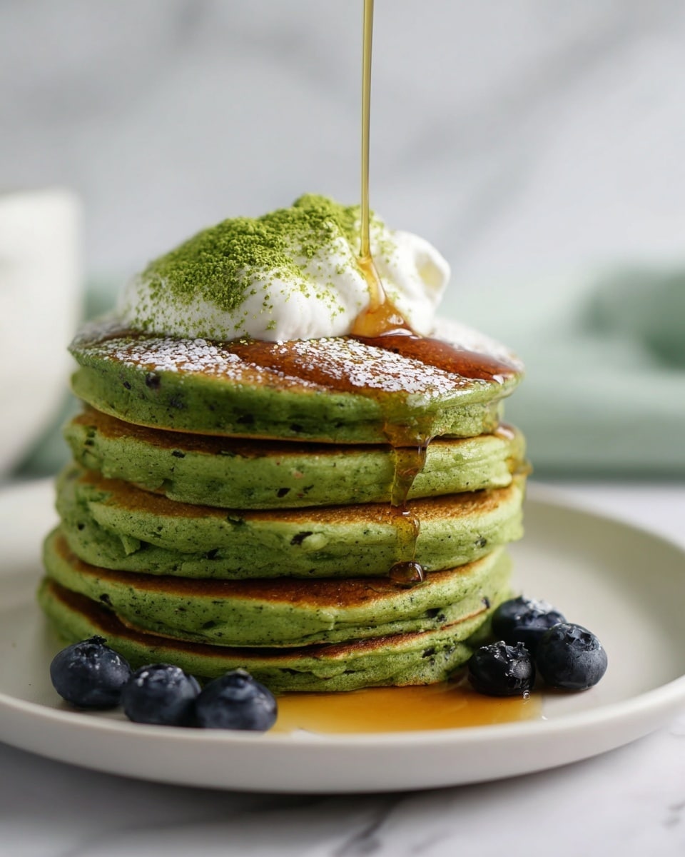 The image shows a stack of five thick green pancakes on a white plate, sitting on a white marbled surface. The pancakes have a soft, slightly crispy texture with specks of darker green throughout. On top of the stack is a dollop of white whipped cream lightly dusted with green powder. Amber syrup is slowly pouring down the side from the whipped cream, pooling around the base of the pancakes on the plate. Several fresh dark blue blueberries are arranged near the syrup. The overall setting is clean and bright with soft, natural light. Photo taken with an iphone --ar 4:5 --v 7