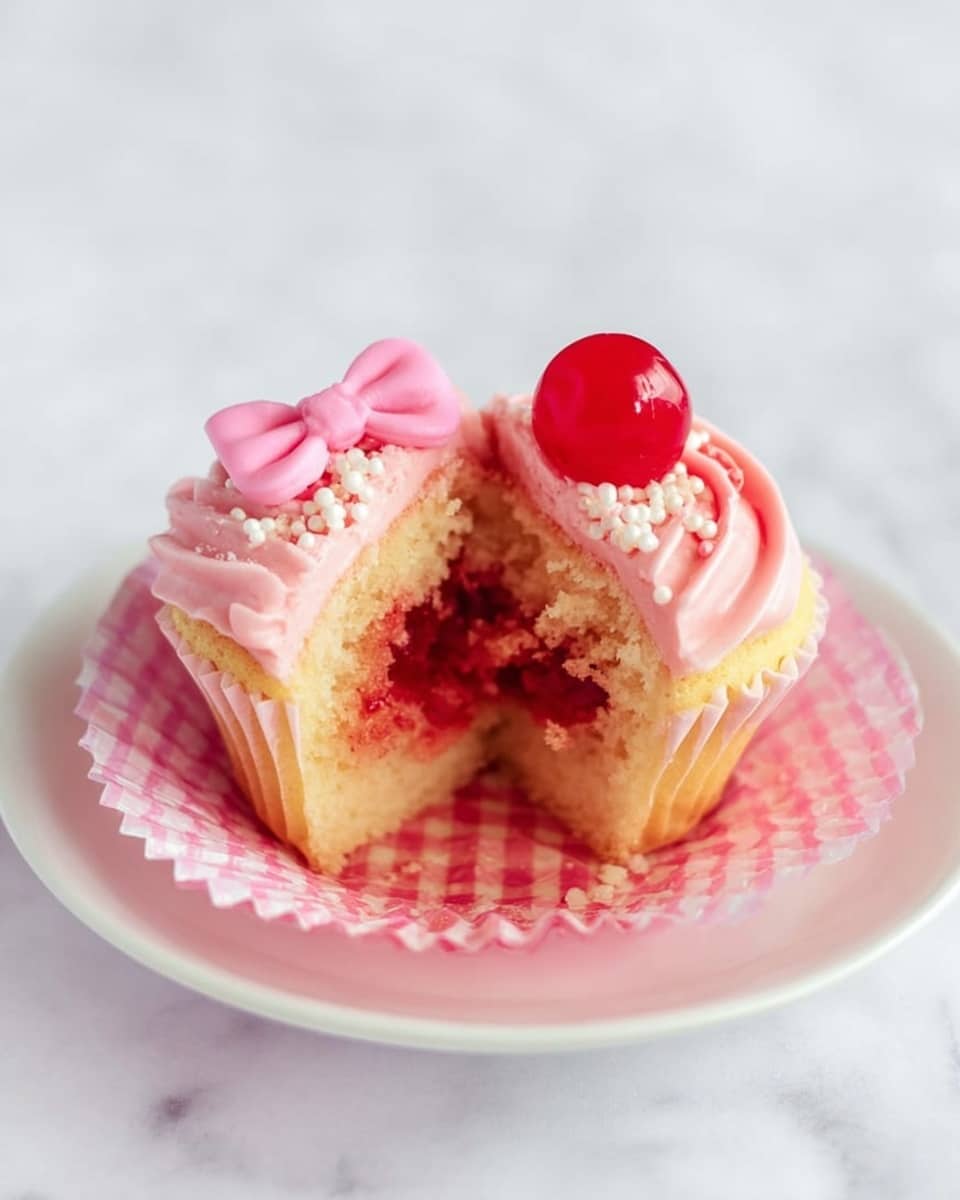 A cupcake cut in half sits on a white plate over a white marbled texture. The cupcake has two layers: the outside is a light yellow cake, and the inside is bright red filling. The top is covered with pink, swirled frosting decorated with small white sprinkles. On one half, there is a shiny red cherry and a pink fondant bow. The cupcake liner is pink with a checkered pattern. Photo taken with an iphone --ar 4:5 --v 7