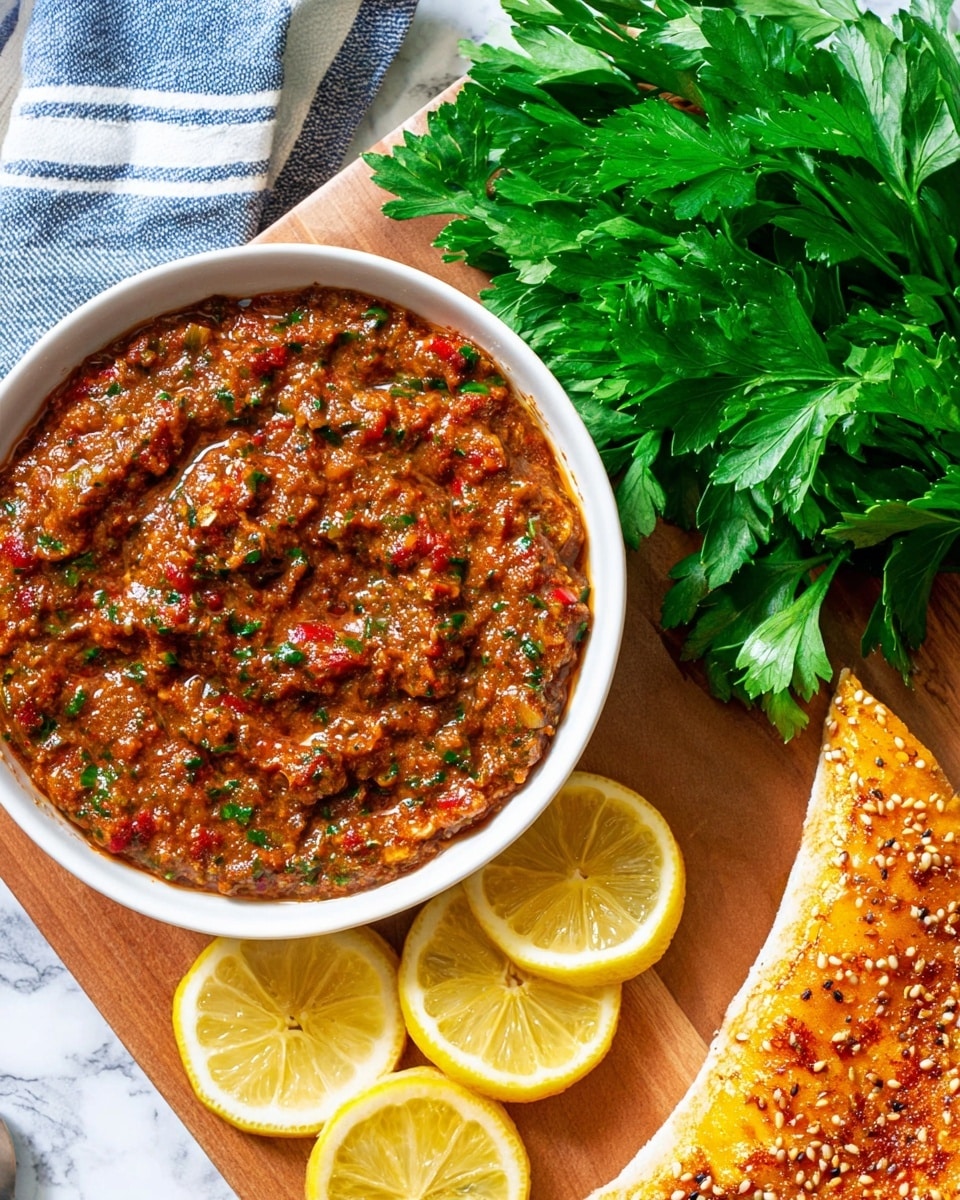 The image shows a white bowl filled with a chunky, reddish-brown dip containing visible pieces of red and green herbs and spices, giving it a textured, slightly oily surface. To the right of the bowl, there is a bunch of fresh green parsley with vibrant leaves. Below the bowl, there are four lemon slices arranged in a small pile, showing the light yellow color and juicy texture. At the bottom right corner, part of a golden-brown toasted bread with sesame seeds is visible, showing a crispy, textured surface. The dish is placed on a wooden board, set over a white marbled textured background, with a folded blue and white striped cloth partially visible near the bread. Photo taken with an iphone --ar 4:5 --v 7