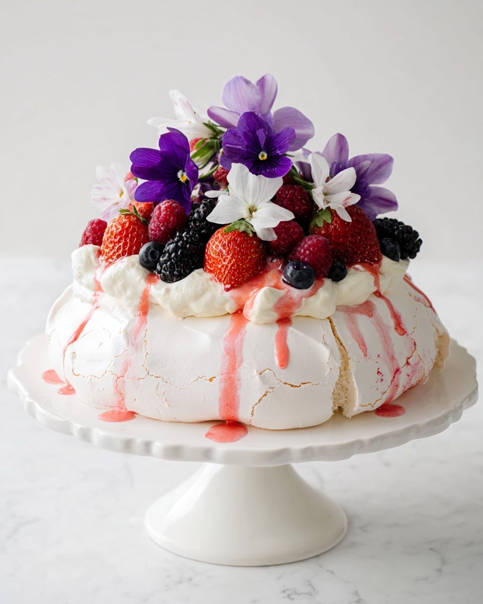 A round pavlova dessert sits on a white cake stand with a smooth, glossy surface. The base layer is a thick, white meringue dome with slight cracks and soft texture. On top of the meringue is a layer of fluffy white whipped cream spread unevenly, with pink syrup dripping down the sides in thin streams. The cream layer is topped with a mix of fresh berries including red strawberries, black blackberries, deep purple blueberries, and red raspberries. Bright purple and white flowers are carefully placed among the berries, adding a fresh floral touch to the vibrant topping. The whole dessert is set against a clean white marbled surface. photo taken with an iphone --ar 4:5 --v 7