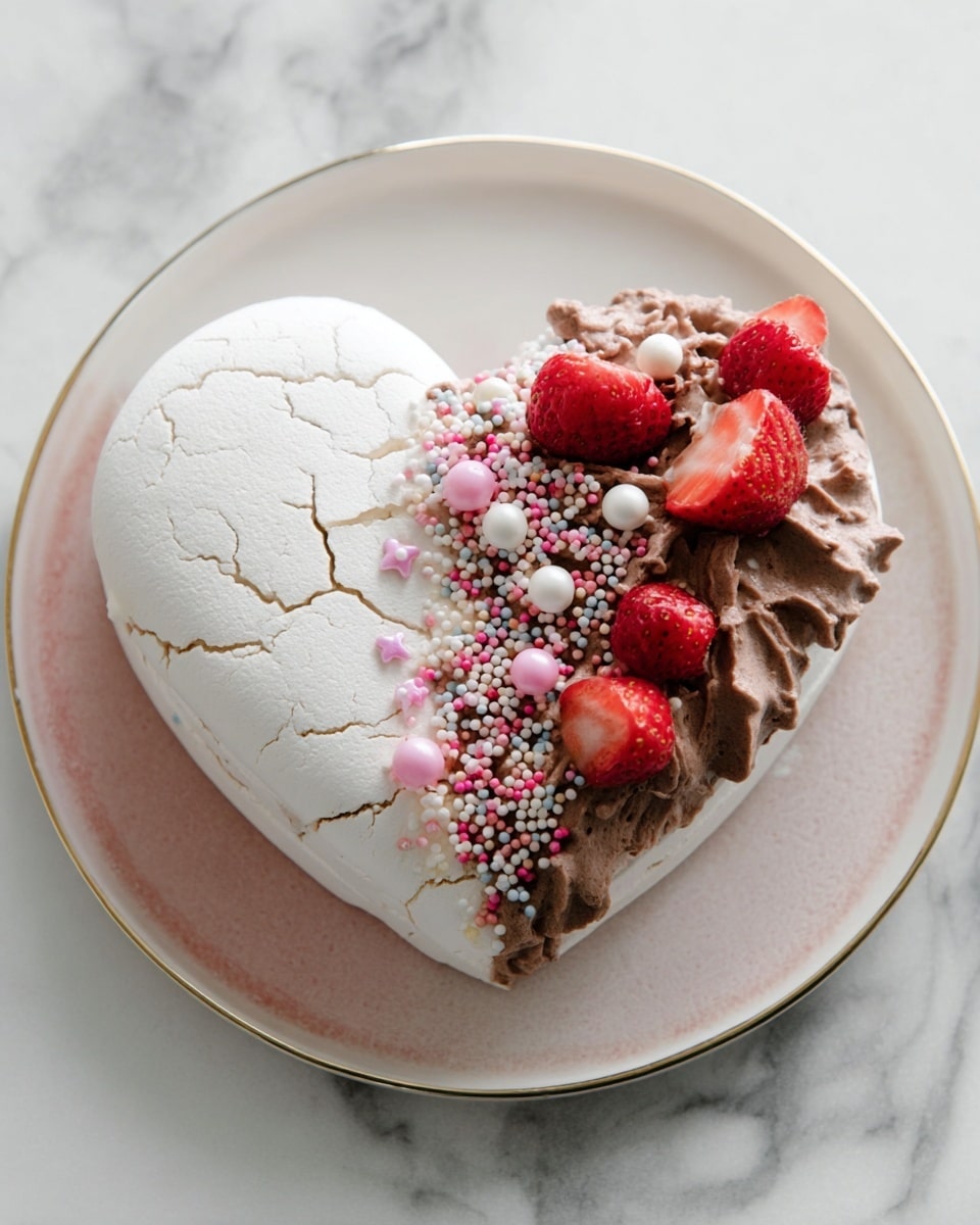 A heart-shaped dessert with two main layers is shown on a white plate with soft pink and gray tones; the bottom layer is a smooth, white meringue base with a cracked texture, topped on one side with a thick layer of textured chocolate cream frosting decorated with small, colorful sprinkles including pink stars, round pearls, and tiny white dots, while fresh, shiny red strawberry pieces are placed over the chocolate cream and part of the meringue on the right side, creating a colorful and textured contrast. The dessert sits on a white marbled surface. photo taken with an iphone --ar 4:5 --v 7