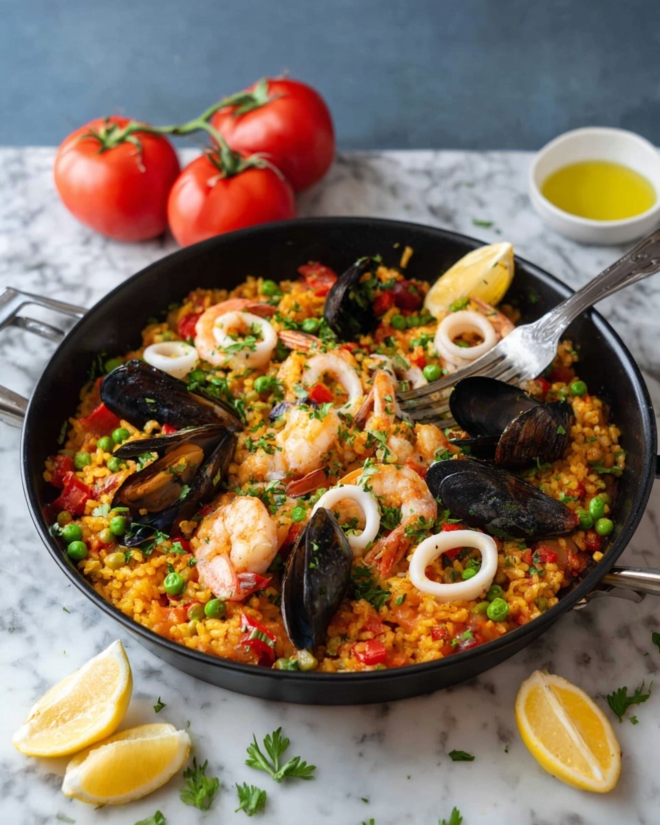 A black skillet filled with a colorful seafood paella sits on a white marbled surface. The dish has one main layer of yellow-orange rice mixed with small green peas and bits of red pepper. On top, there are pink shrimp, black mussels, white squid rings, and green parsley scattered around. Two lemon wedges with bright yellow skin rest near the edge of the skillet. A metal fork is inside the pan, ready to serve. In the background, two fresh red tomatoes on a vine and a small white bowl with a yellow liquid add color to the scene. Photo taken with an iphone --ar 4:5 --v 7