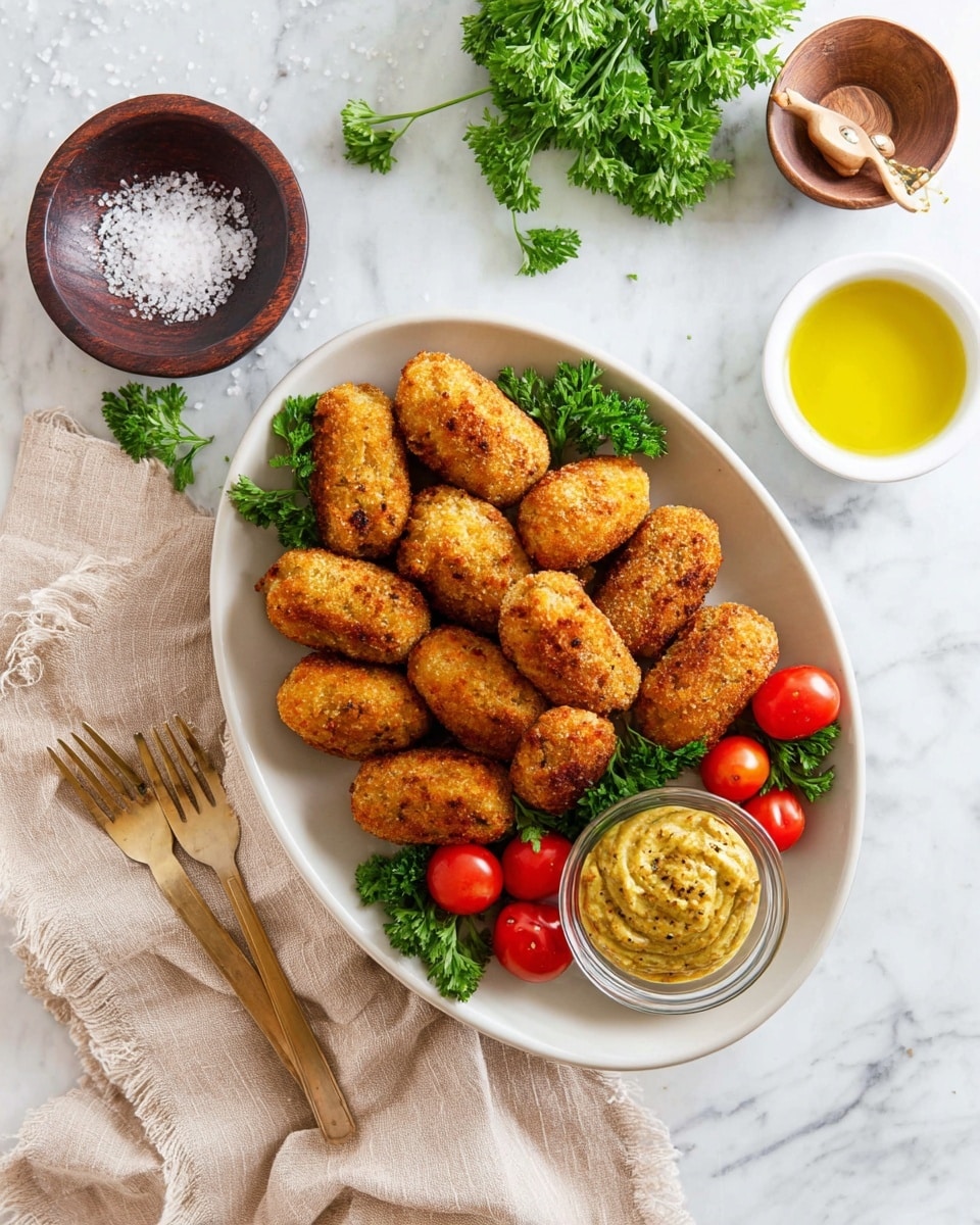 A white oval plate holds a neat pile of about a dozen browned, golden croquettes with a crispy texture, arranged mostly in two overlapping rows at the center. To the front right of the croquettes, a small clear glass bowl contains grainy mustard sauce. Around the bowl and to the plate’s edge, bright green parsley sprigs add freshness, and a small bunch of shiny red cherry tomatoes on the vine rests next to the mustard. Above the plate, there is a dark wooden bowl full of coarse salt with a tiny wooden fork resting inside it, and a small white bowl of golden olive oil sits to the right. A gold fork lies on a beige cloth napkin on the left side, all set on a white marbled surface. photo taken with an iphone --ar 4:5 --v 7
