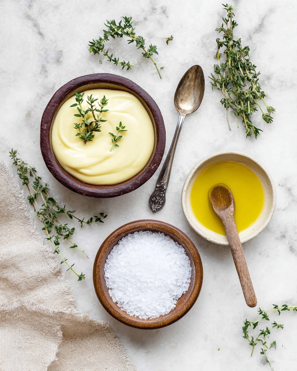 A top-down view of three small bowls on a white marbled surface. The first bowl is filled with smooth, pale yellow mayonnaise topped with fresh green thyme sprigs, the second bowl holds coarse white salt with a small wooden spoon resting on it, and the third bowl contains bright yellow olive oil. Nearby, a vintage silver spoon lies next to more fresh thyme sprigs, and a beige linen cloth is partially visible at the bottom left corner. photo taken with an iphone --ar 4:5 --v 7