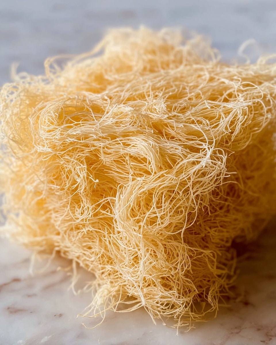The image shows a close-up of what looks like dry, thin, and curly noodles or shredded strands stacked in a cube shape. The strands are pale yellow and have a soft, delicate, and fibrous texture that looks light and airy. The layers are densely packed, with many tiny wispy strands creating a nest-like, fluffy appearance. The cube sits on a white marbled surface with soft natural light highlighting the fine details of the strands. photo taken with an iphone --ar 4:5 --v 7